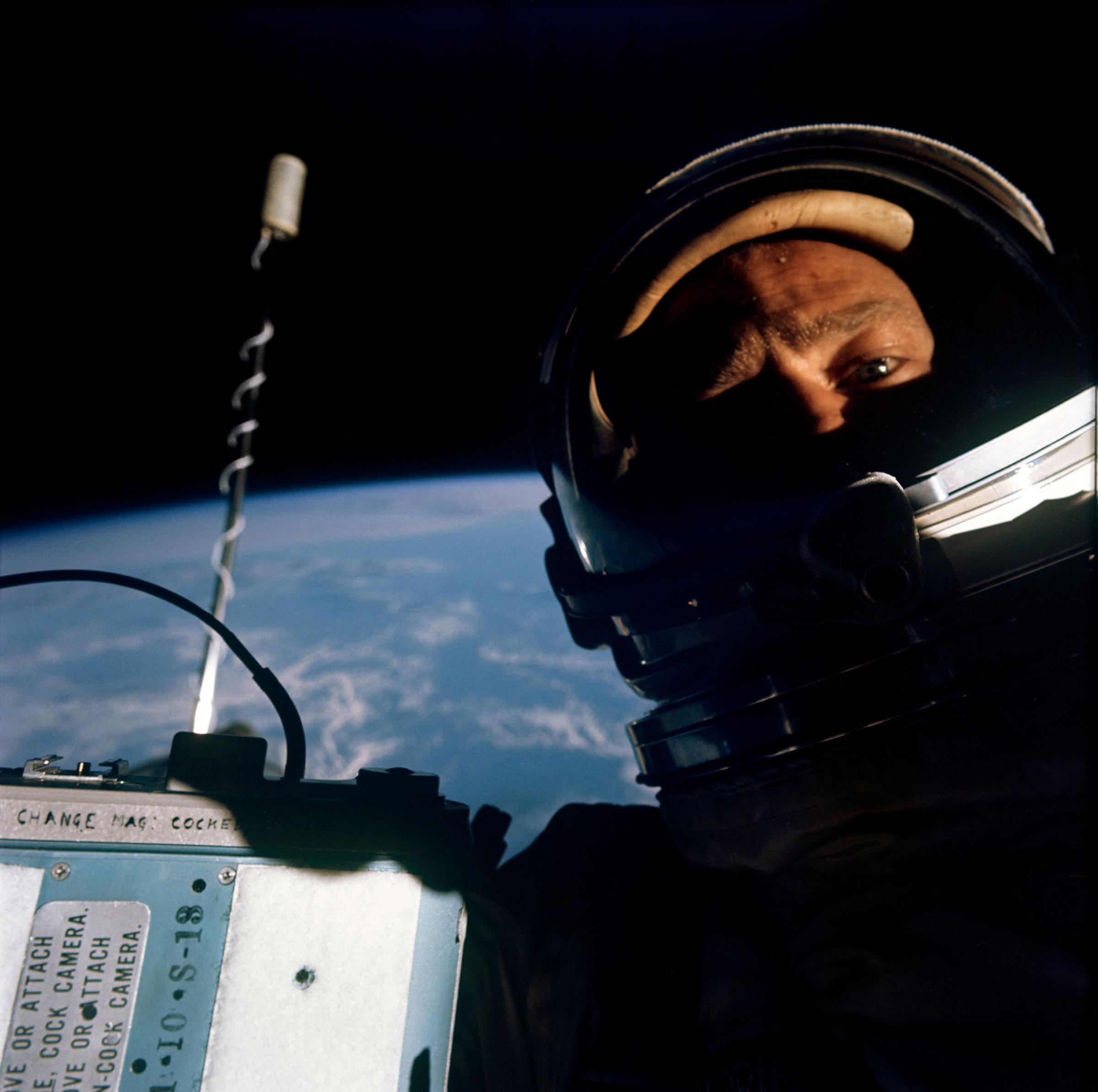 Buzz Aldrin space selfie during his Gemini 12 mission in 1966.