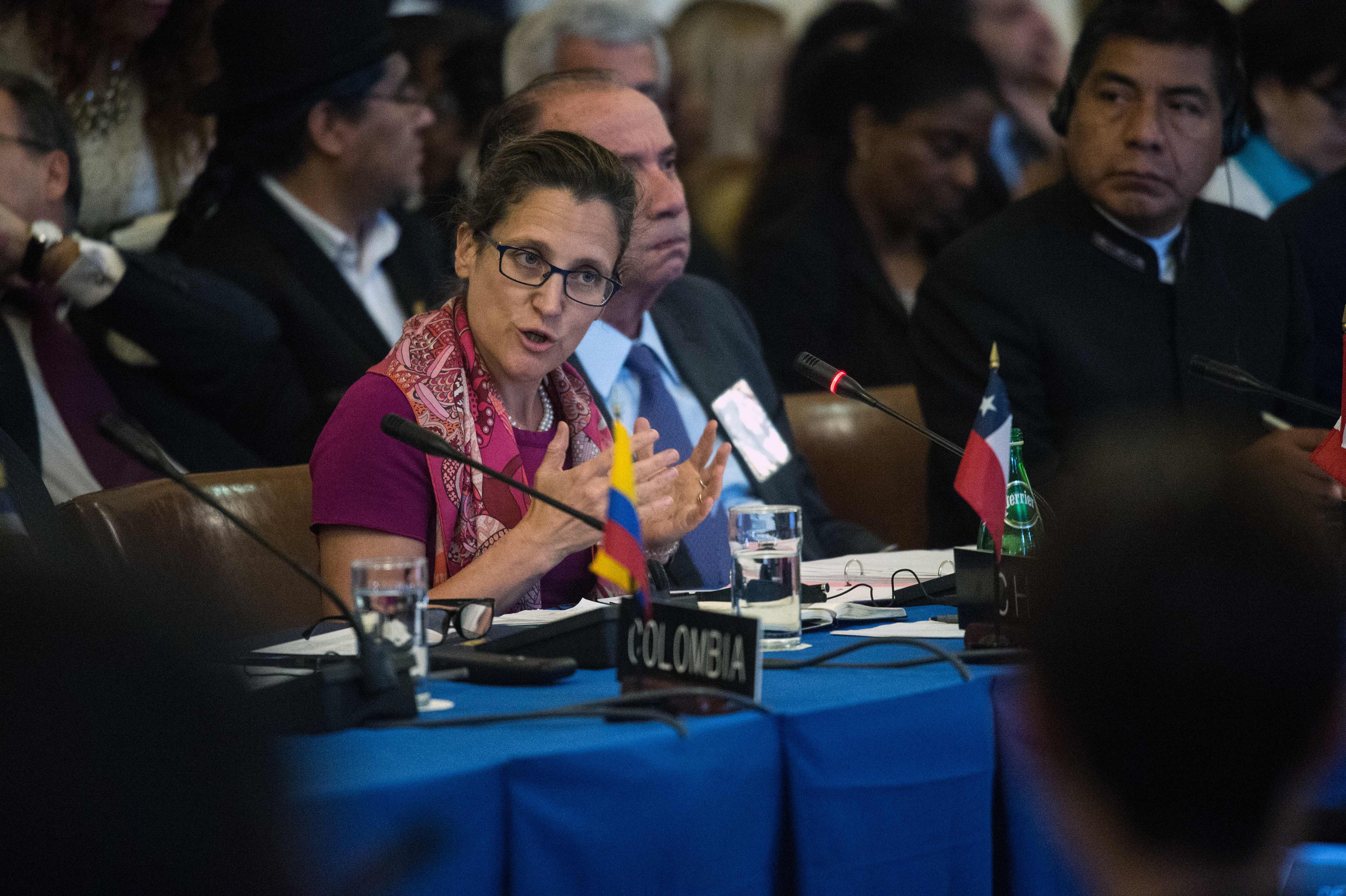 Canadian Foreign Minister Chrystia Freeland addresses an OAS foreign ministers meeting on Venezuelaa in Washington, DC, on May 31, 2017. / (NICHOLAS KAMM&mdash;AFP/Getty Images)
