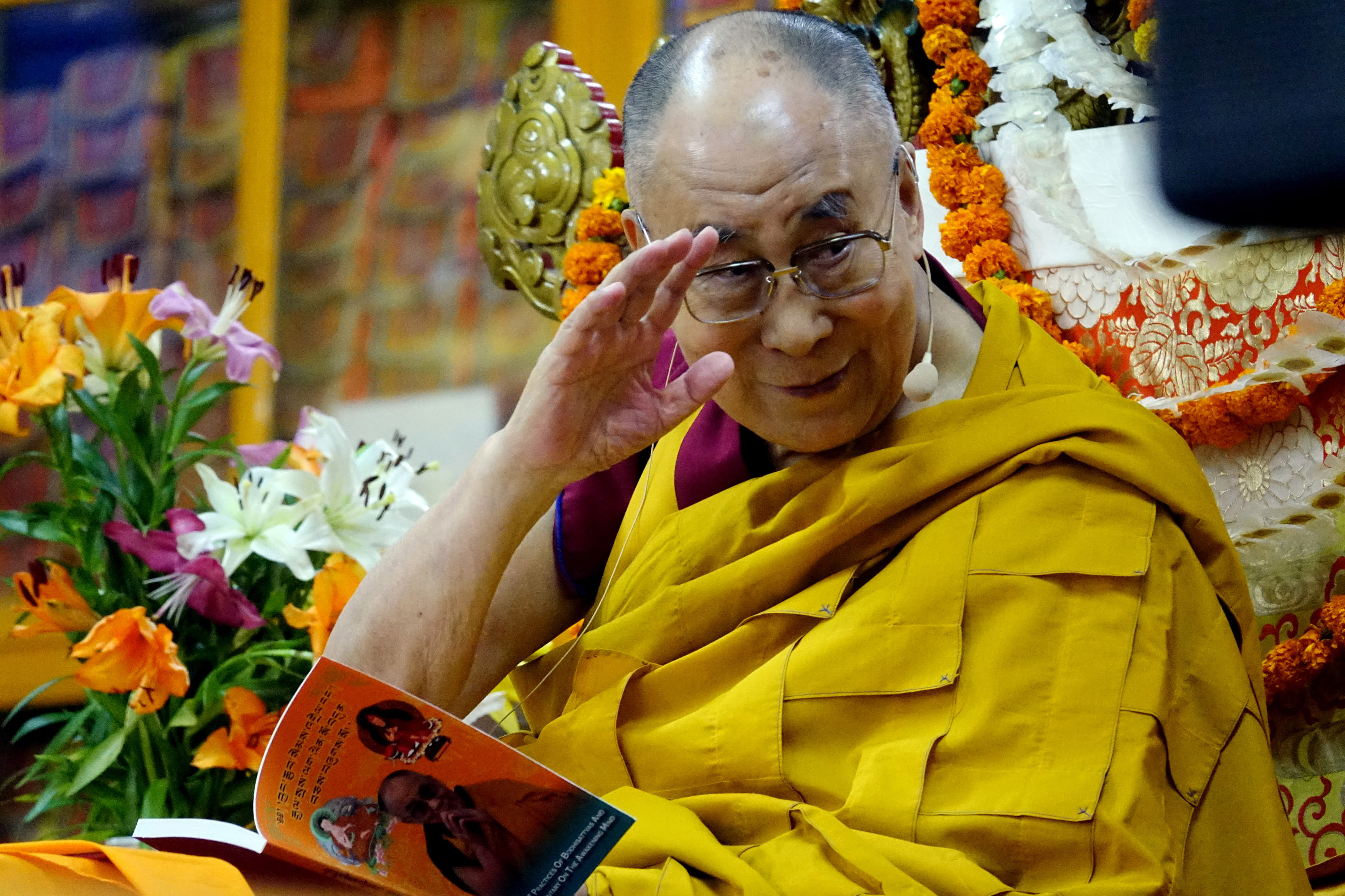 Tibetan Spiritual Leader The Dalai Lama Prays At The Tsuglakhang Temple
