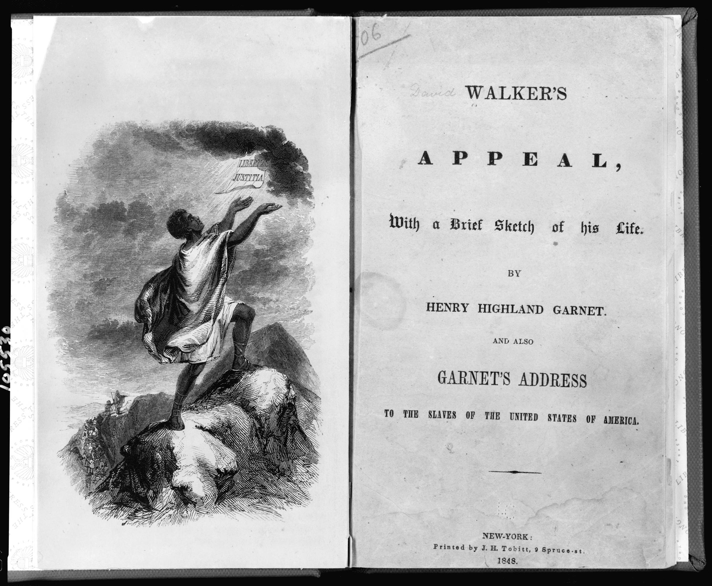 Title page showing slave on top of mountain from David Walkers Appeal.