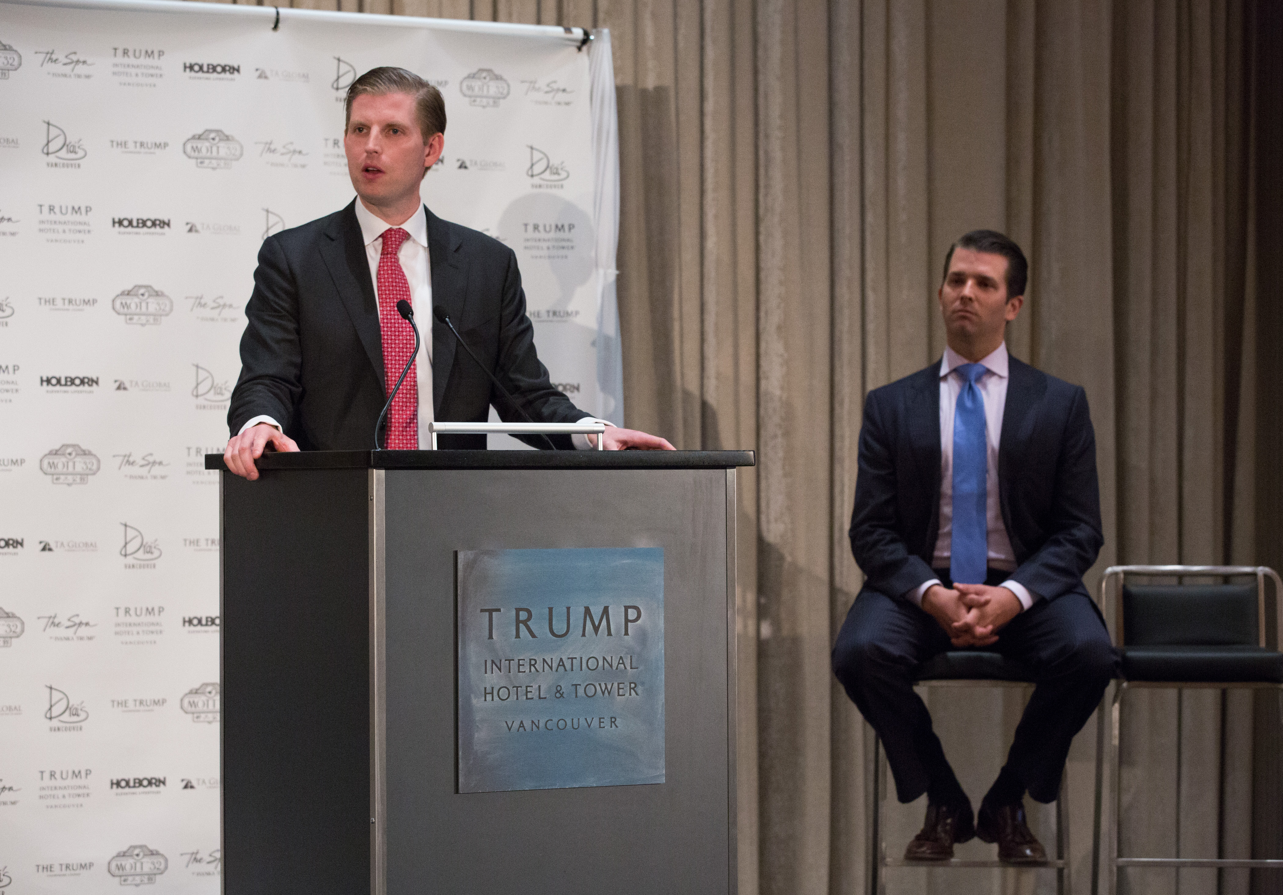 Eric Trump and  Don Trump Jr., Executive Vice Presidents  of Development and Acquisition and Development for the Trump Organization, attend the Trump International Hotel And Tower Vancouver Grand Opening on February 28, 2017 in Vancouver, Canada. (Phillip Chin—Getty Images for Trump Internati)