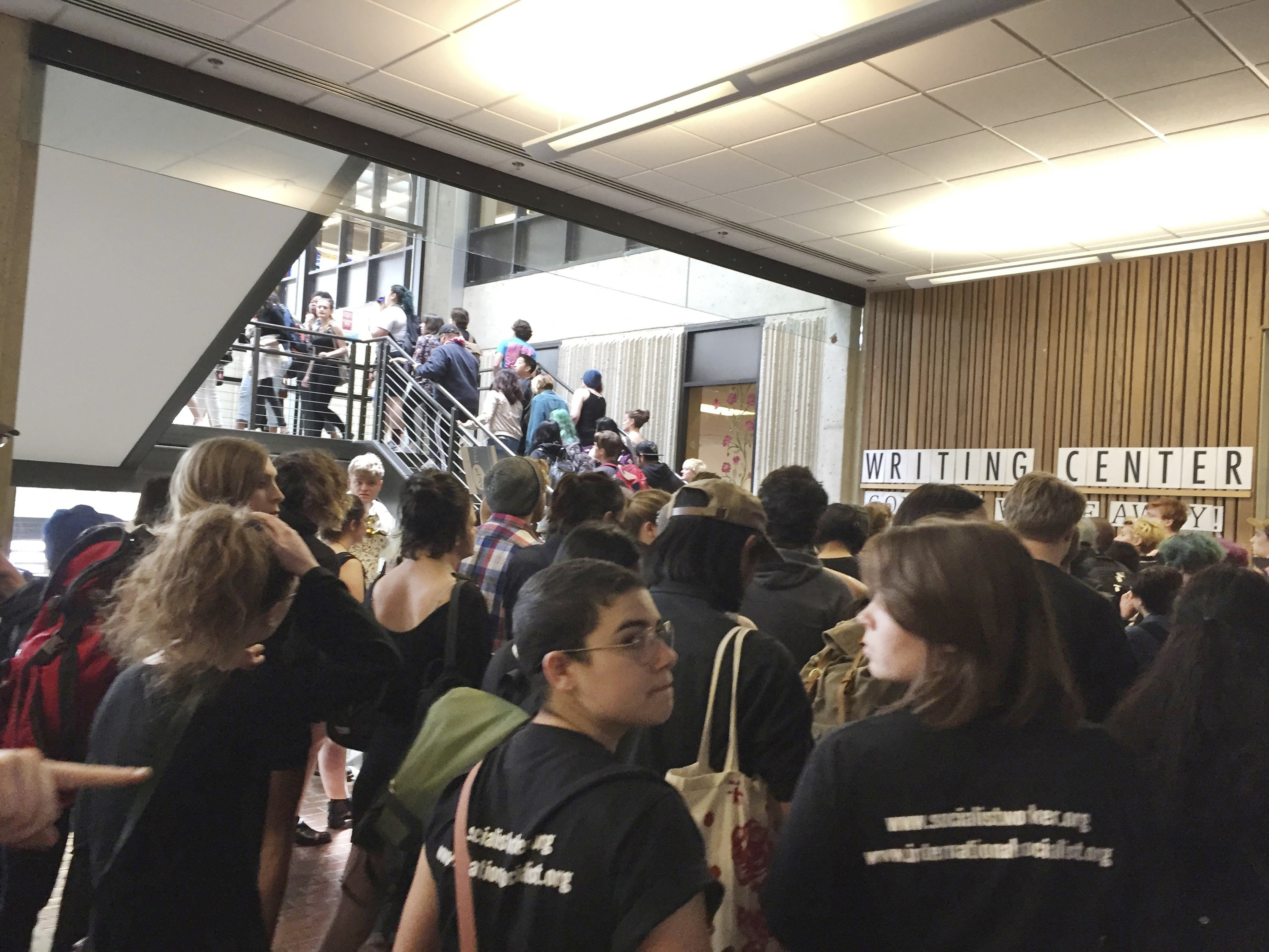 In this Wednesday, May 24, 2017 file photo, hundreds of students at the Evergreen State College in Olympia, Wash., protest against the college administration and demanded change after weeks of brewing racial tension on campus. (Lisa Pemberton/AP)