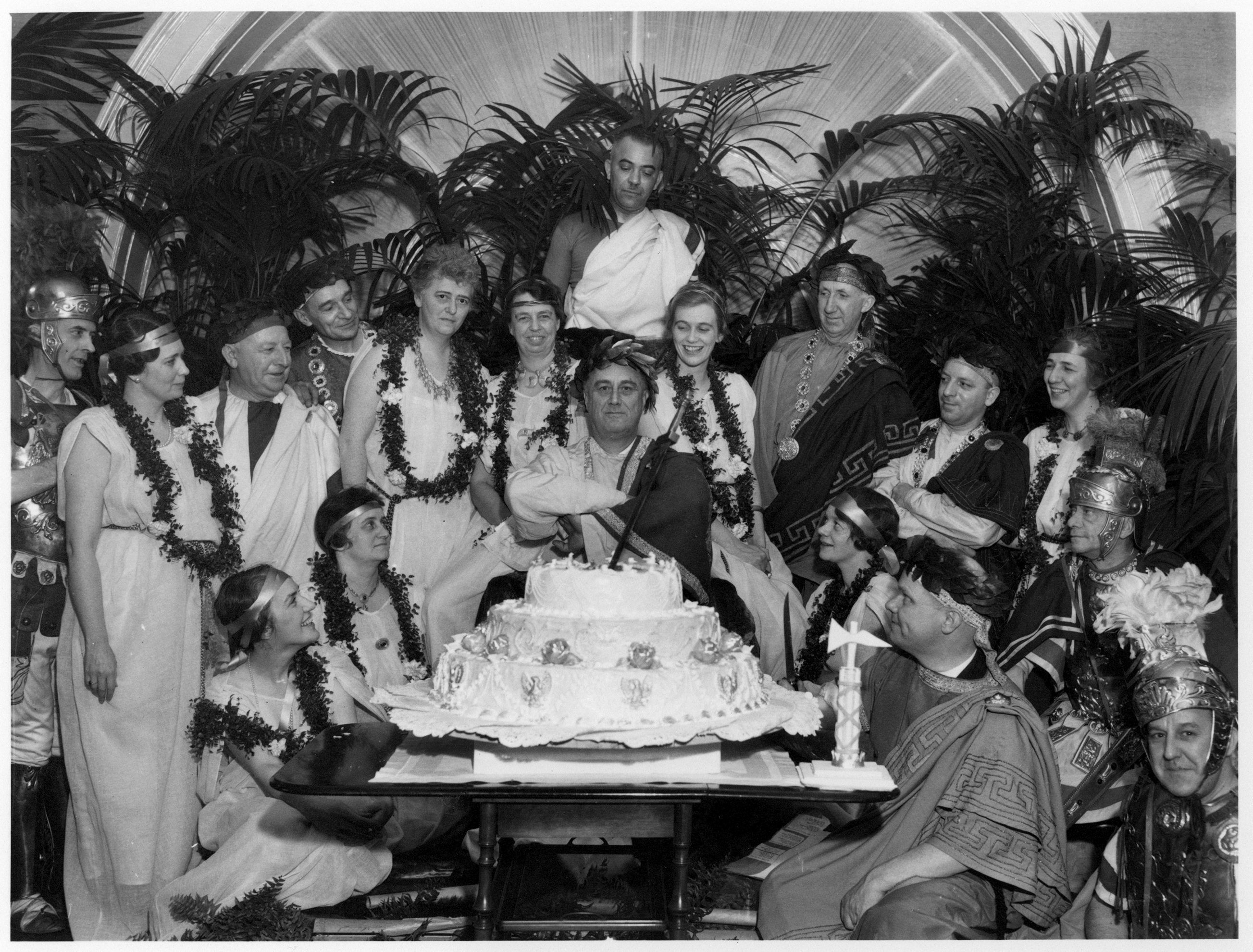 Franklin Delano Roosevelt (center) at a toga-themed party for his 52nd birthday, which was on Jan. 30, 1934. (FDR Presidential Library)