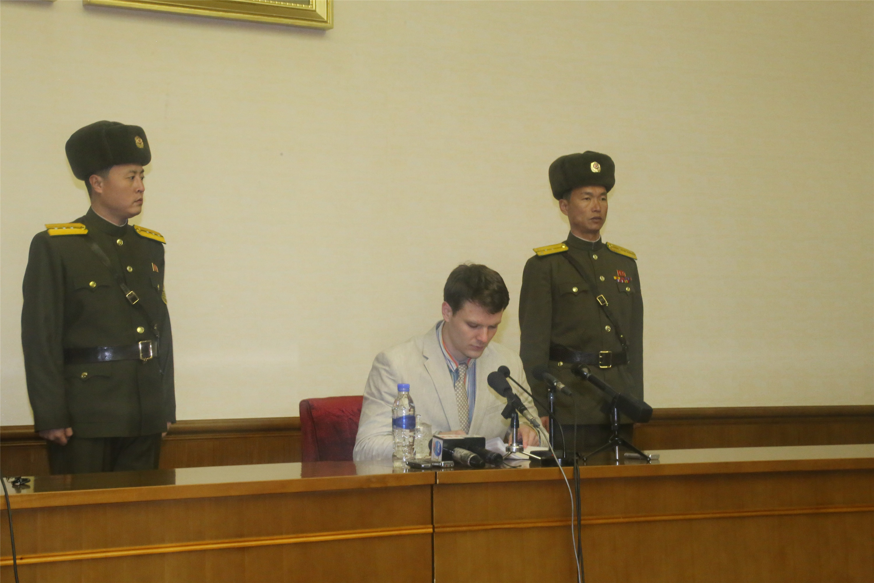 Otto Frederick Warmbier, a 21-year-old undergraduate student of commerce from Virginia University of the U.S., speaks during a news conference in Pyongyang, capital of the Democratic People's Republic of Korea, Feb. 29, 2016. (Photograph by Xinhua News Agency—Xinhua News Agency/Getty)