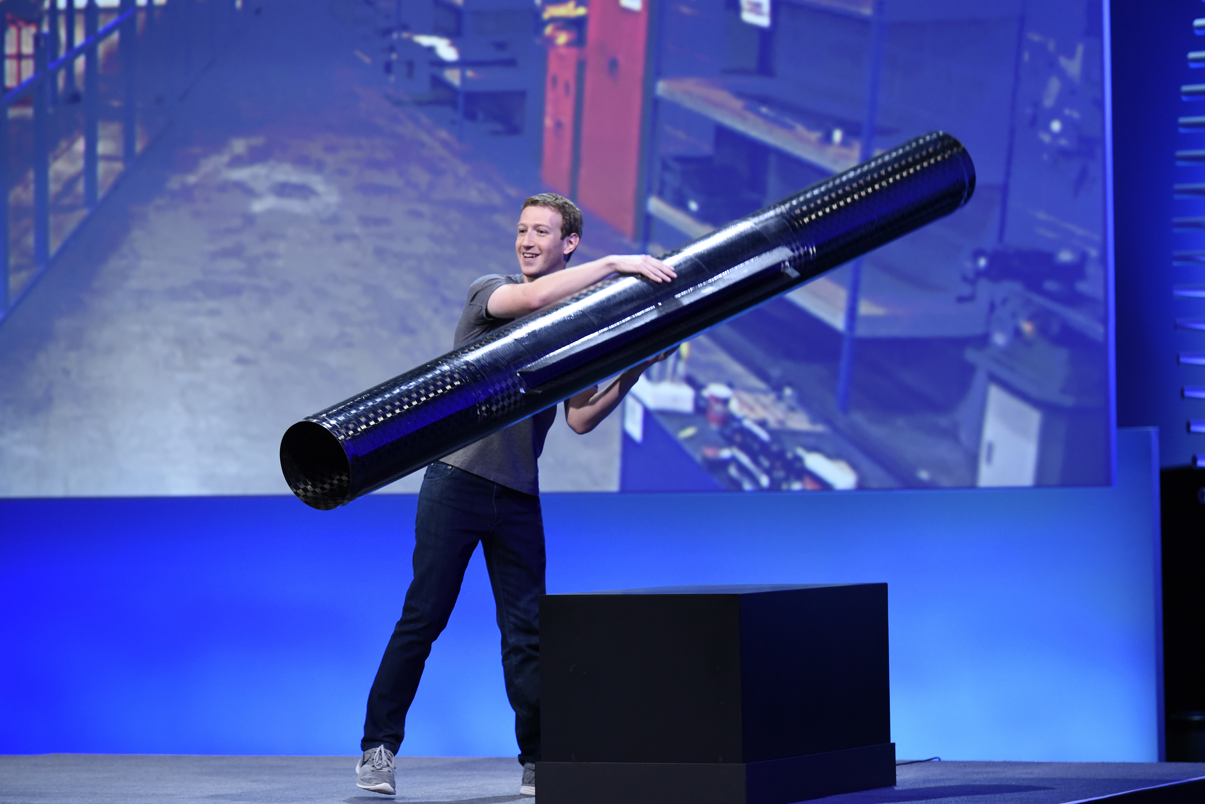 Mark Zuckerberg holds a propeller pod for Aquila, the company's unmanned aircraft that will be used to deliver wifi to developing nations, in San Francisco, California, on April 12, 2016. (Michael Short—Bloomberg/Getty Images)