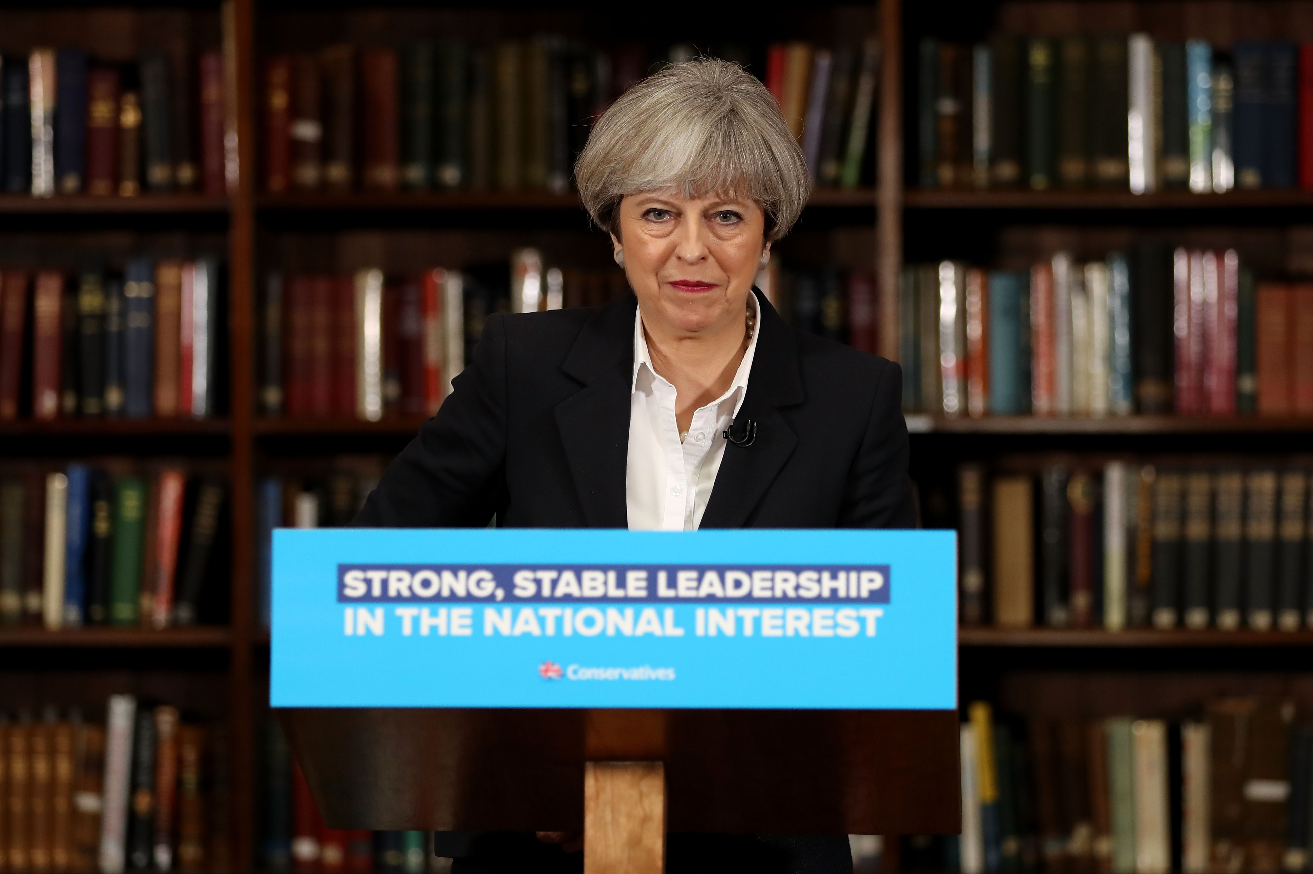 British Prime Minister, Theresa May speaks at RUSI as she resumes the Conservative party election campaign on June 5, 2017 in London, England. (Dan Kitwood—Getty Images)