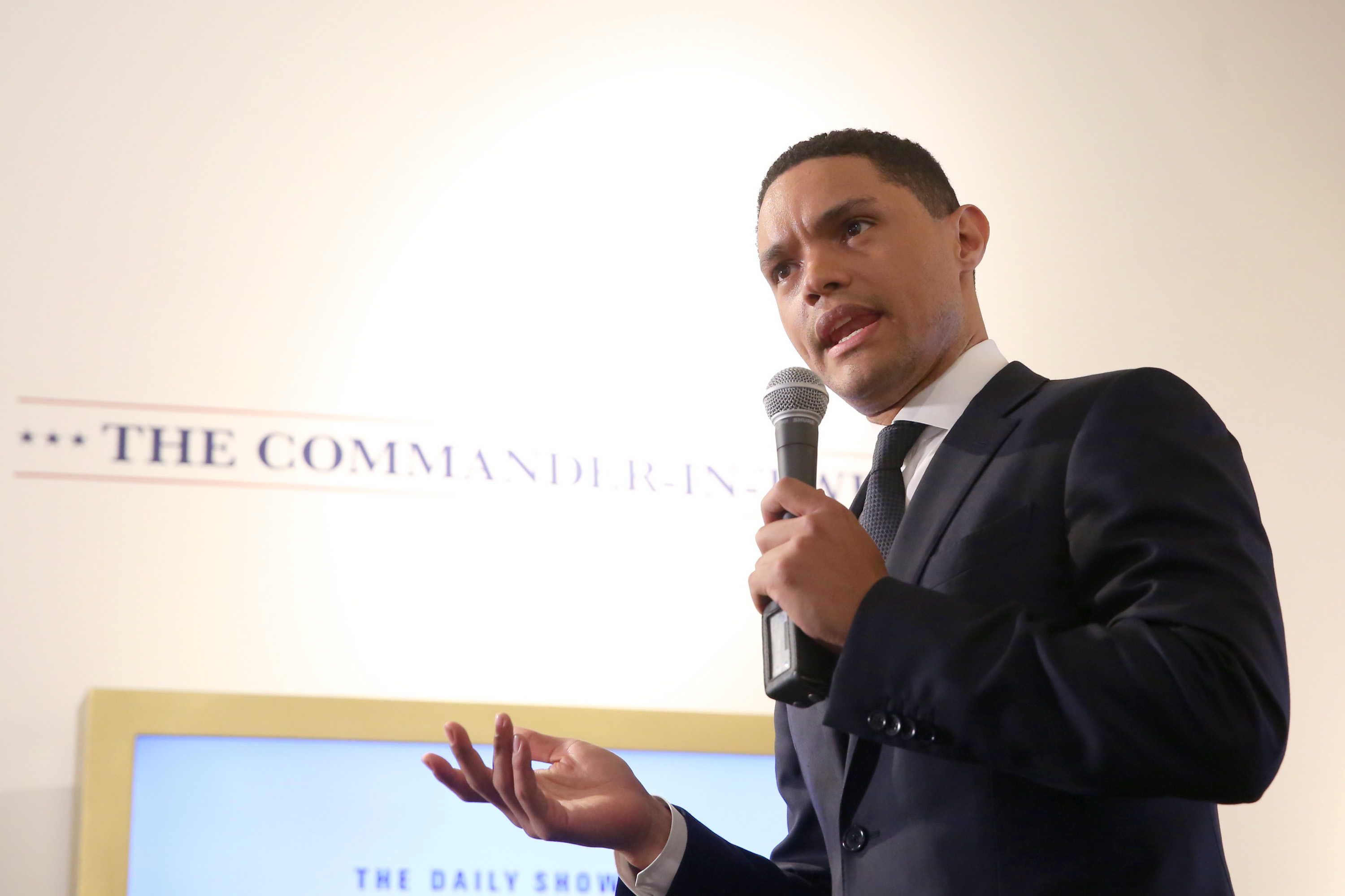 Trevor Noah speaks onstage during The Donald J. Trump Presidential Twitter Library Press Preview in New York on June 15, 2017. (Rob Kim—Getty Images/Comedy Central)