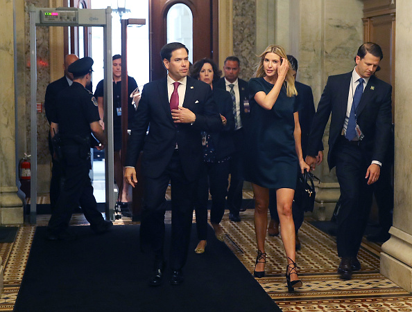 Ivanka Trump walks with Sen. Marco Rubio (R-FL), to a meeting with Senators regarding paid family leave, at U.S. Capitol on June 20, 2017 in Washington, DC.