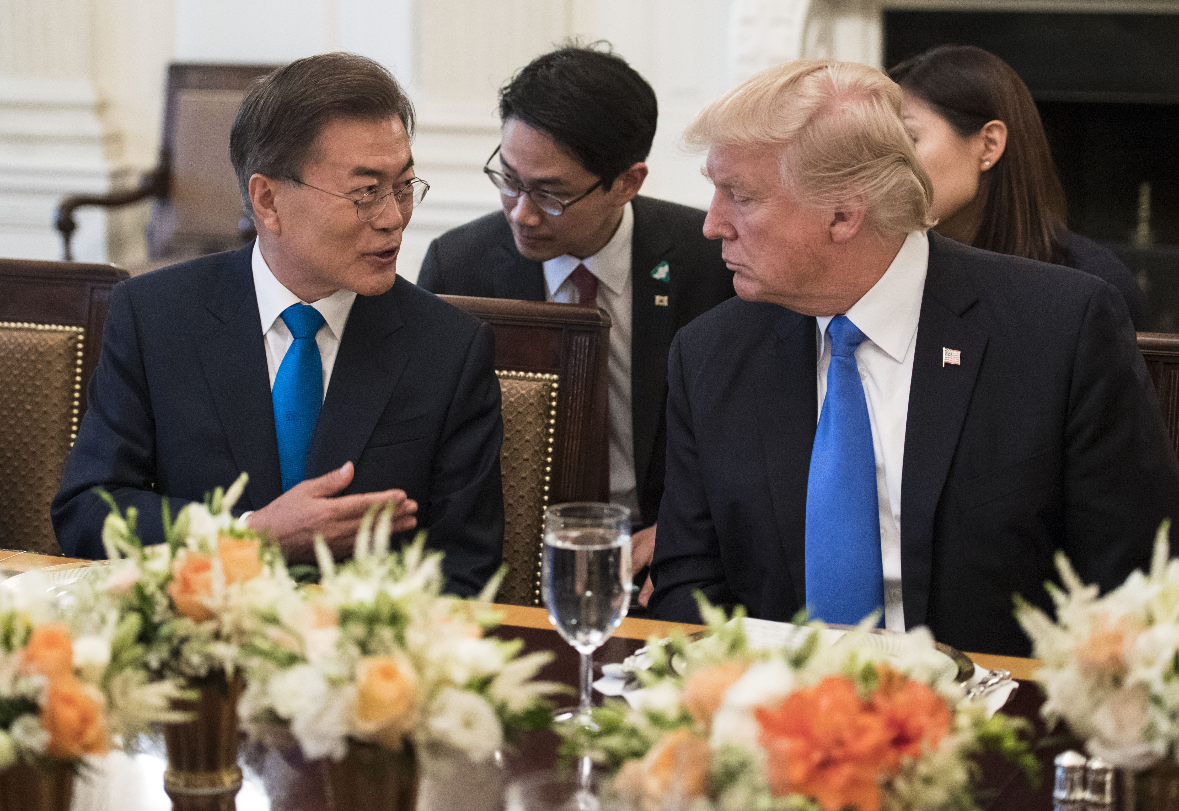 US President Donald Trump and South Korean President Moon Jae-in address the media prior to dinner at the White House June 29, 2017 in Washington, D.C. (Kevin Dietsch—Getty Images)