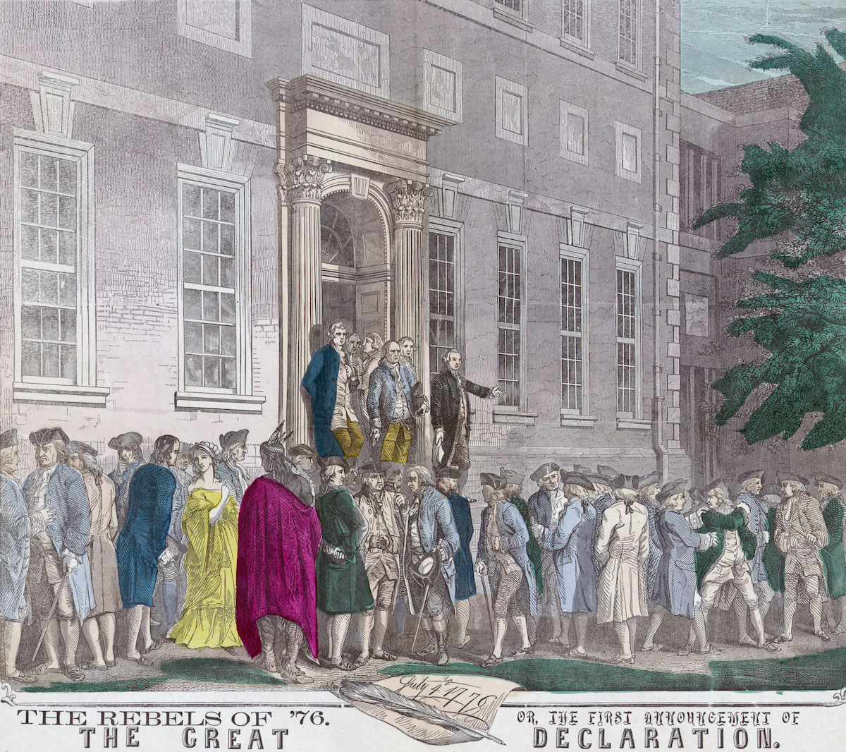 A 19th-century print shows members of the Second Continental Congress leaving Philadelphia's Independence Hall after adopting the Declaration of Independence from Great Britain. (Universal Images Group / Getty Images)
