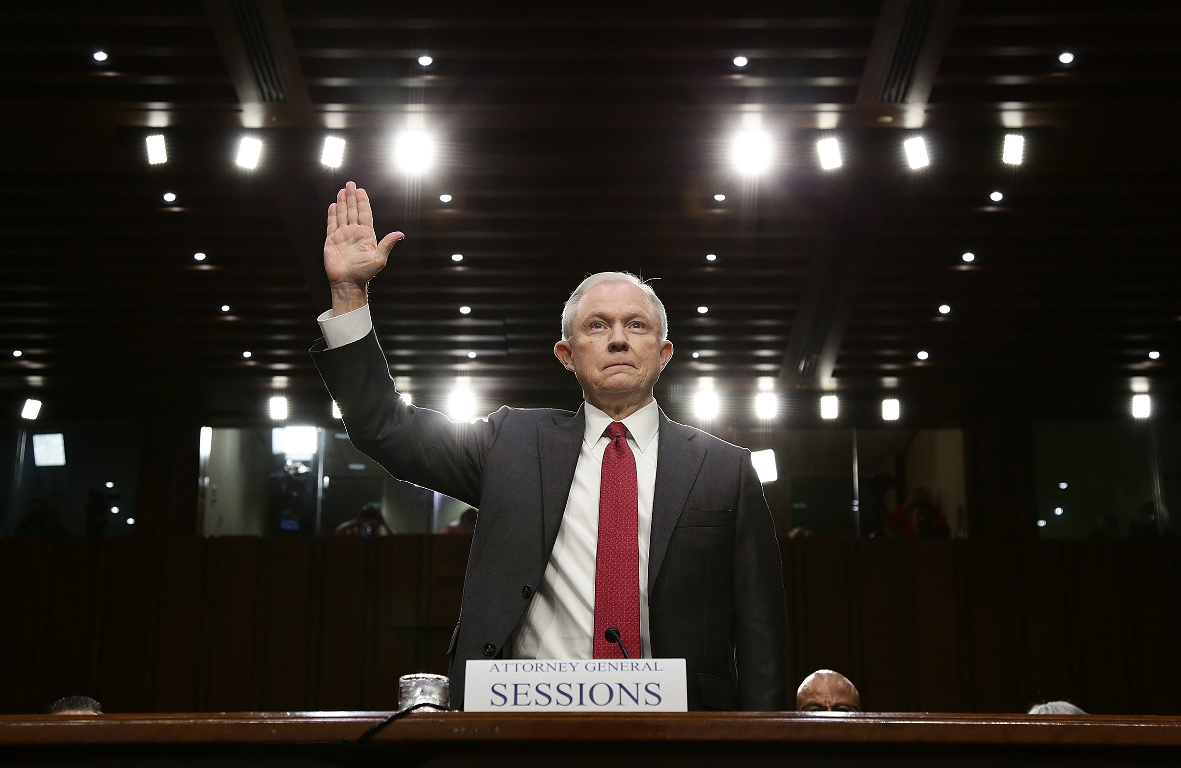 Attorney General Jeff Sessions is sworn in before the Senate Intelligence Committee on June 13, 2017. (Alex Wong—Getty Images)