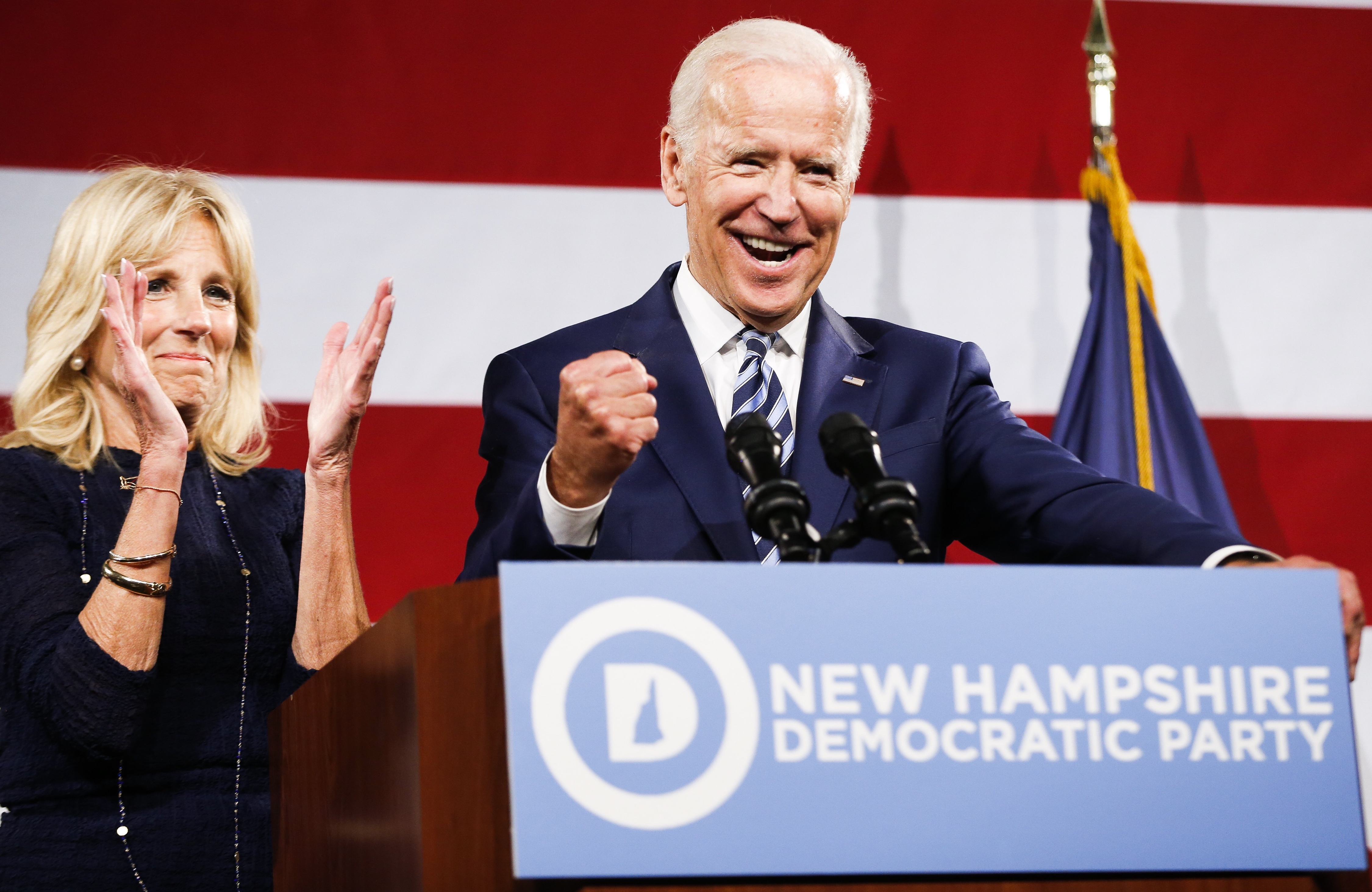 Jill Biden claps as former U.S. Vice President Joe Biden speaks during the annual fund-raising dinner for New Hampshire Democrats in Manchester, NH, on Apr. 30, 2017. (Keith Bedford&mdash;Boston Globe/Getty Images)