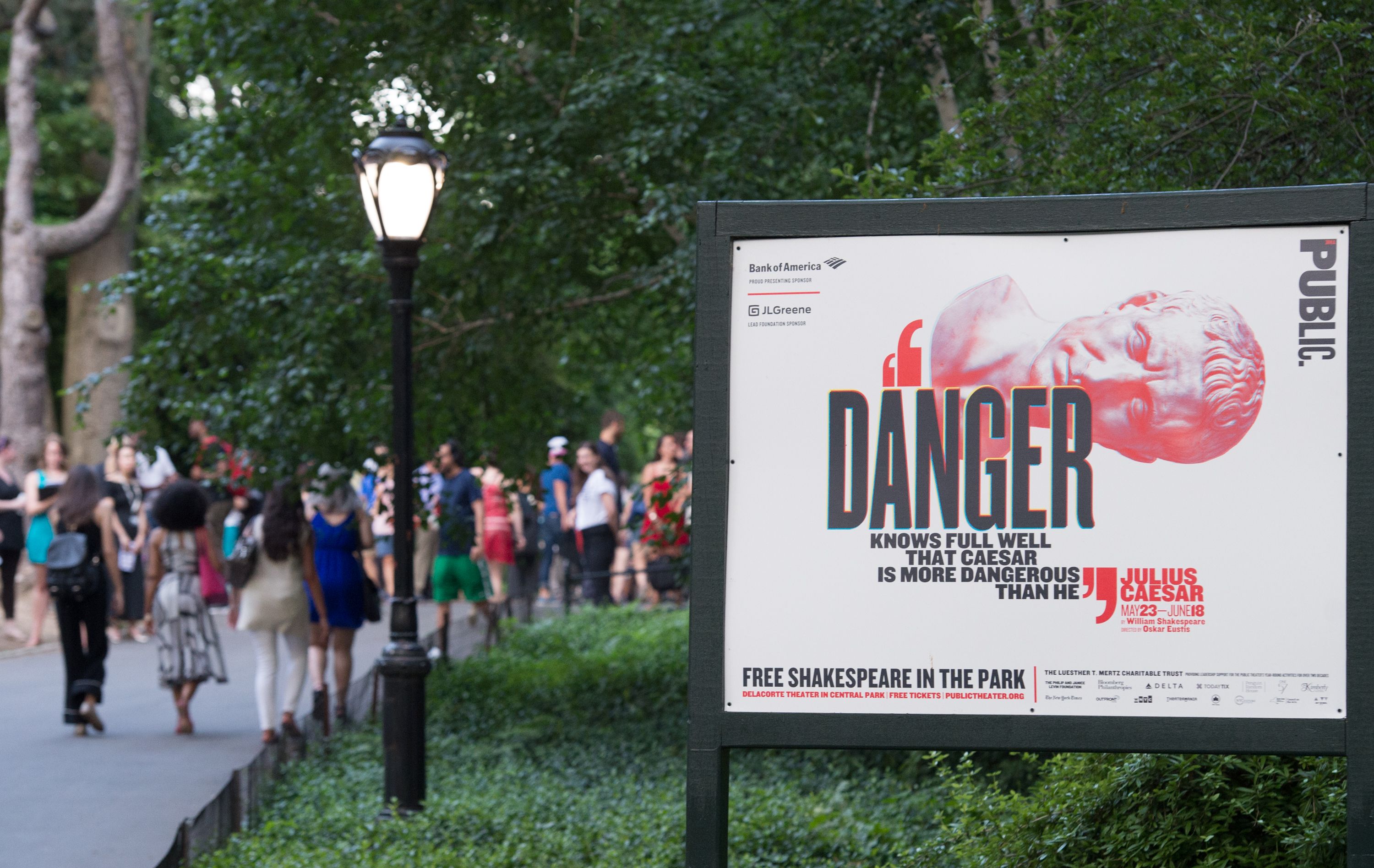 People arrive for the opening night of Shakespeare in the Park's production of Julius Caesar at Central Park's Delacorte Theater on June 12, 2017 in New York.
                      A New York production of Shakespeare's "Julius Caesar" drawing parallels between the assassinated Roman ruler and Donald Trump was in the eye of a growing storm, abandoned by corporate sponsors and sparking debate about freedom of expression. The play, which first opened in Central Park on May 23 and runs to June 18, has attracted right-wing outrage for similarities between the way Caesar is depicted and the Republican commander-in-chief, who is hugely unpopular in New York.
                       / AFP PHOTO / Bryan R. Smith        (Photo credit should read BRYAN R. SMITH/AFP/Getty Images) (BRYAN R. SMITH&mdash;AFP/Getty Images)