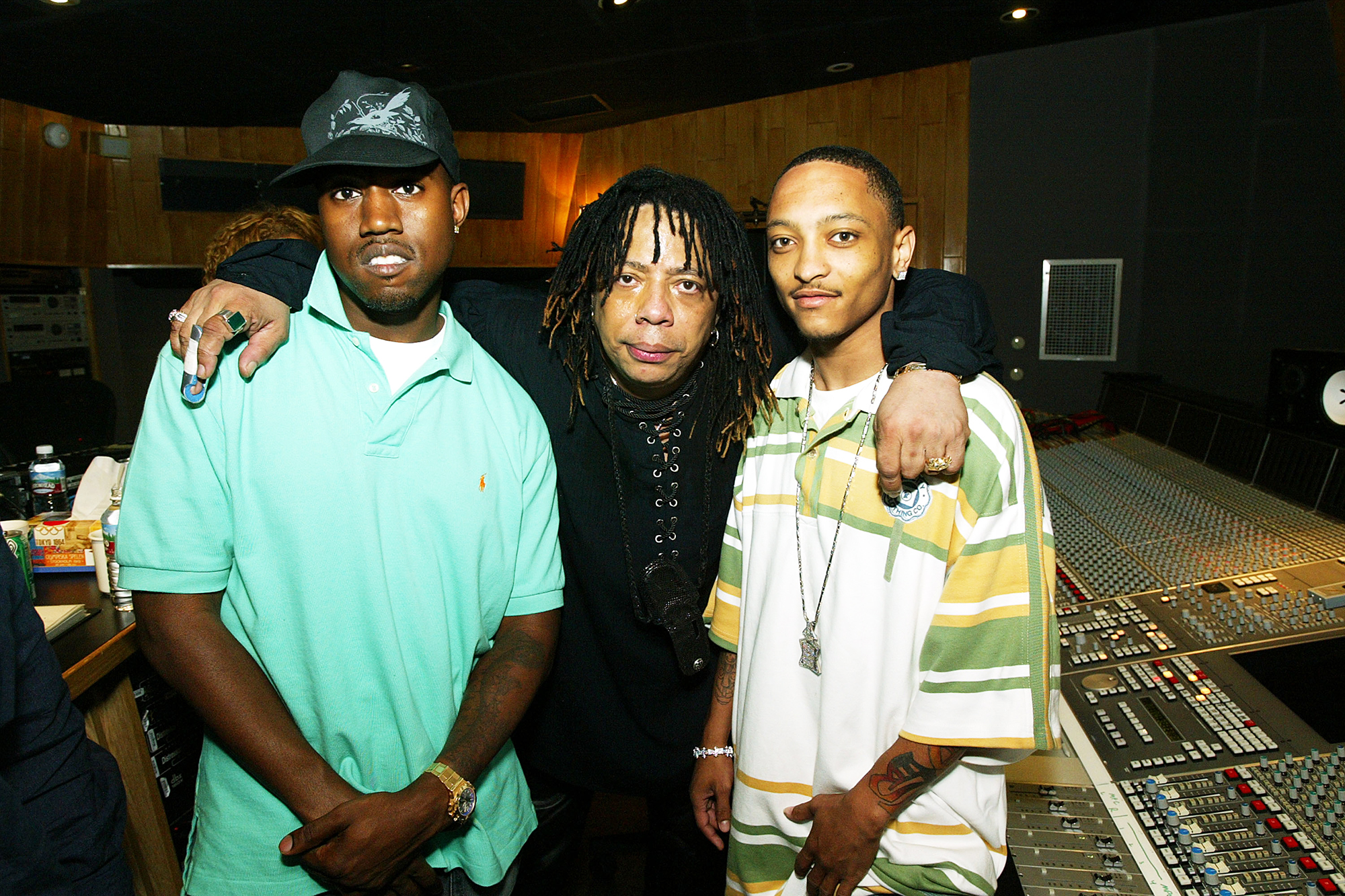 From left: Kanye West, Rick James and Bump J in Los Angeles, on July 8, 2004.