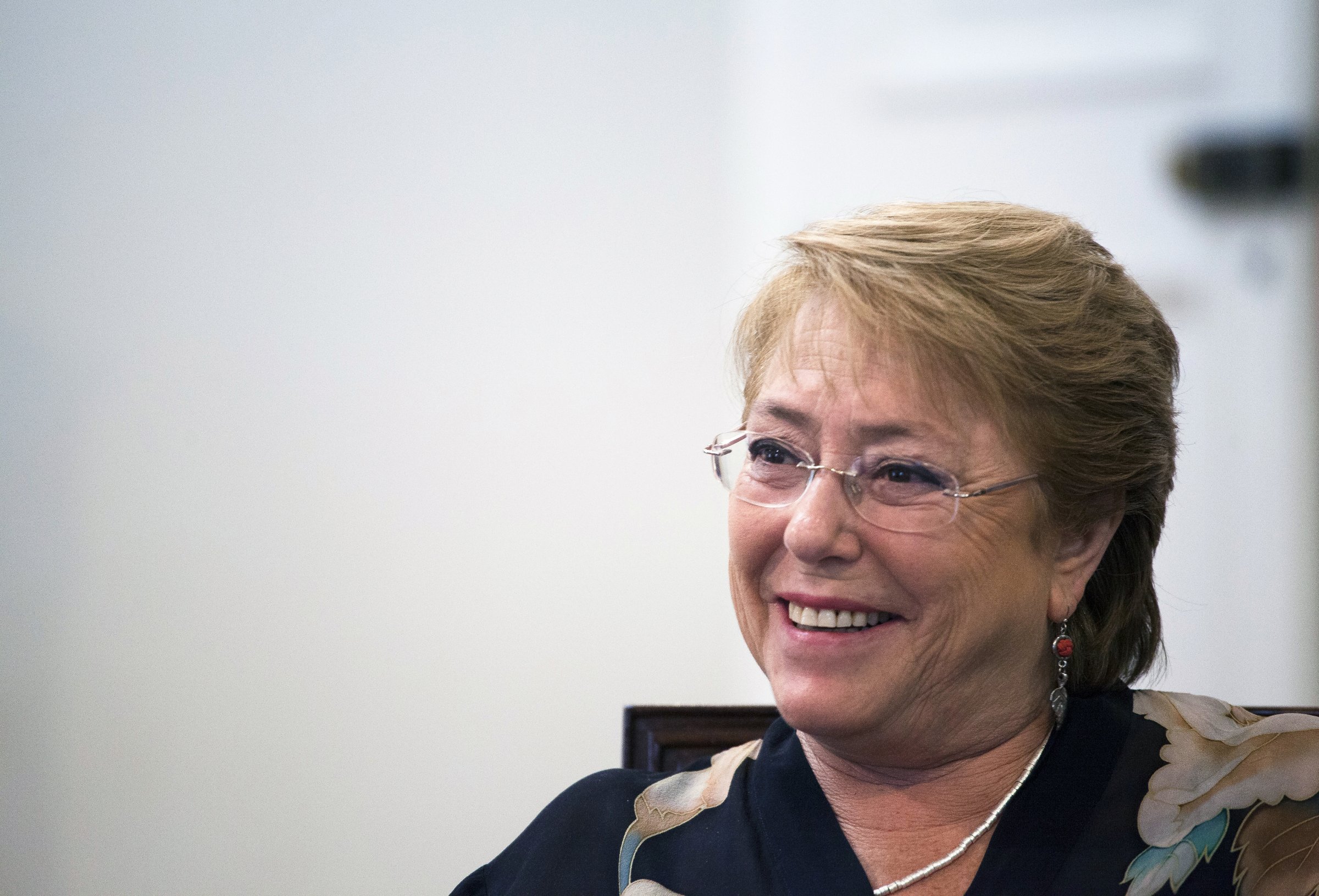 Michelle Bachelet, president of Chile, smiles during an interview at La Moneda Palace in Santiago, Chile, on Friday, Jan. 20, 2017.