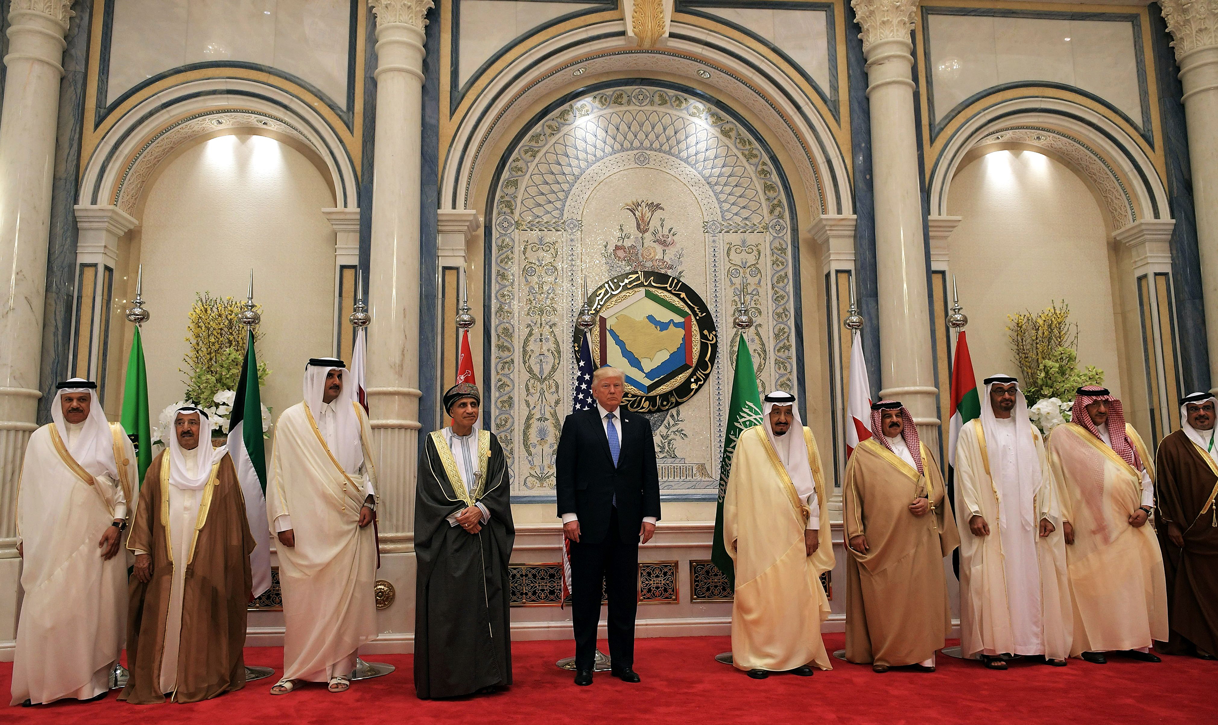President Donald Trump and Saudi's King Salman bin Abdulaziz al-Saud pose for a picture with leaders of the Gulf Cooperation Council in Riyadh on May 21, 2017. (Mandel Ngan—AFP/Getty Images)