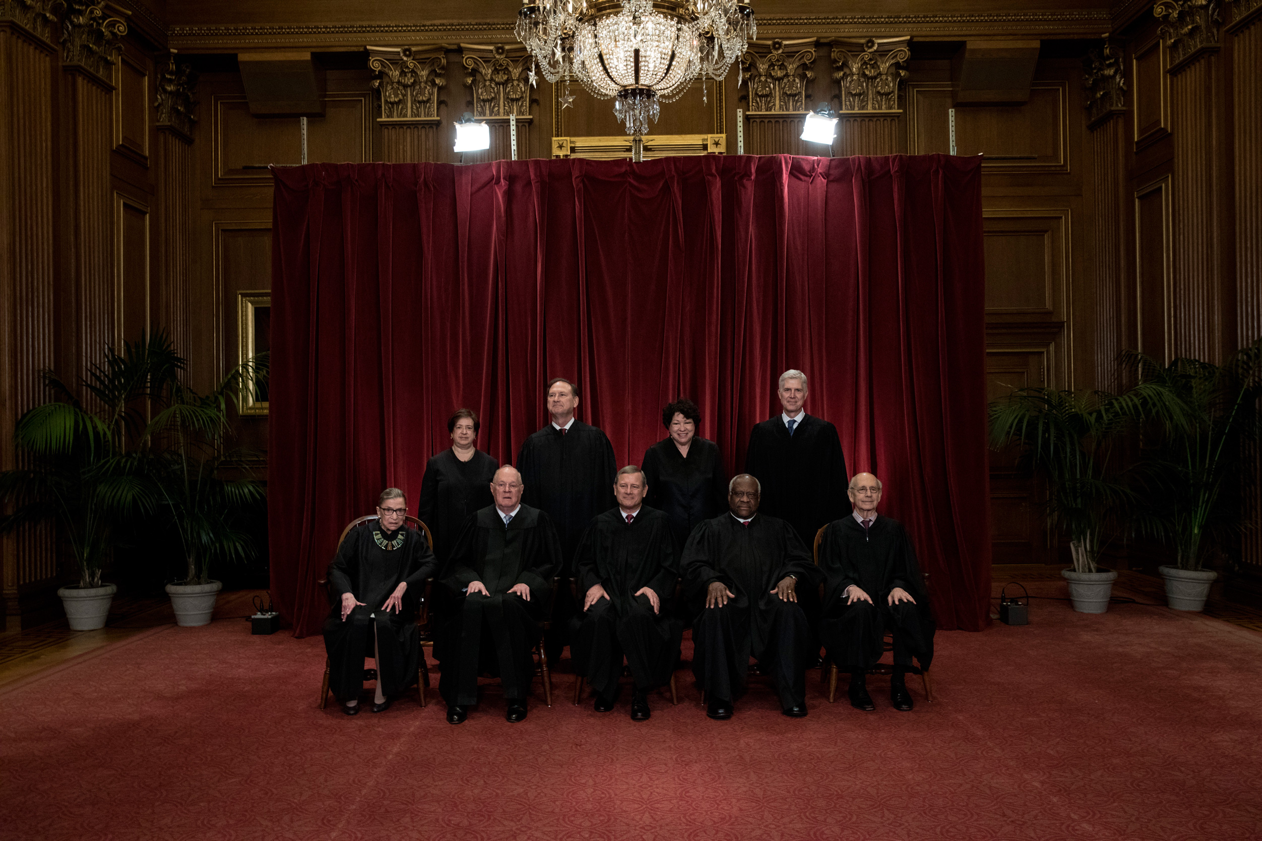 Supreme Court of The United States. Seated from left, Associate Justice Ruth Bader Ginsburg, Associate Justice Anthony M. Kennedy, Chief Justice of the United States John G. Roberts, Associate Justice Clarence Thomas, and Associate Justice Stephen Breyer. Standing behind from left, Associate Justice Elena Kagan, Associate Justice Samuel Alito Jr., Associate Justice Sonia Sotomayor, and Associate Justice Neil Gorsuch. (Christopher Morris&mdash;Christopher Morris/VII)