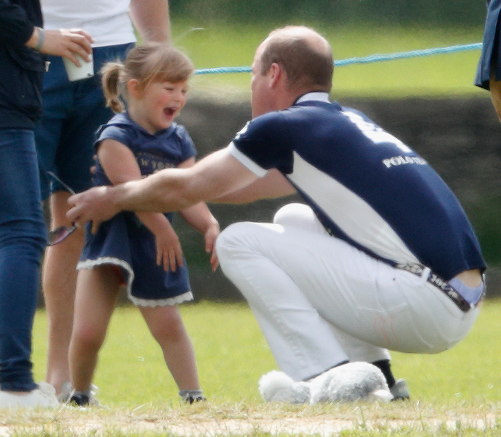 Mia Tindall hugs Prince William, Duke of Cambridge as they attend the Maserati Royal Charity Polo Trophy Match during the Gloucestershire Festival of Polo at the Beaufort Polo Club on June 11, 2017 in Tetbury, England.