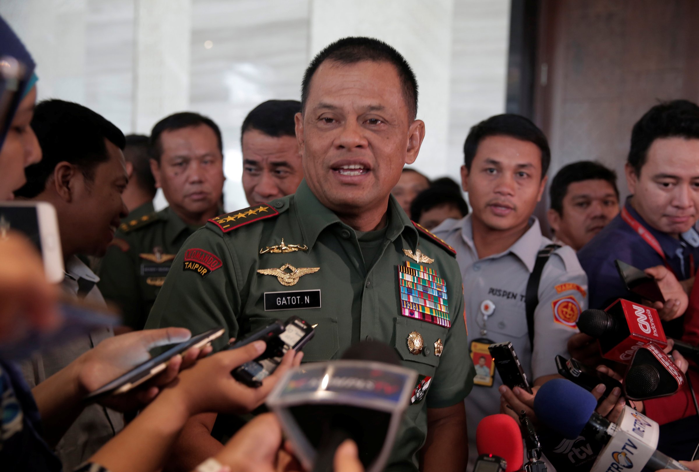 Indonesian military Chief Gatot Nurmantyo talks to reporters in Jakarta