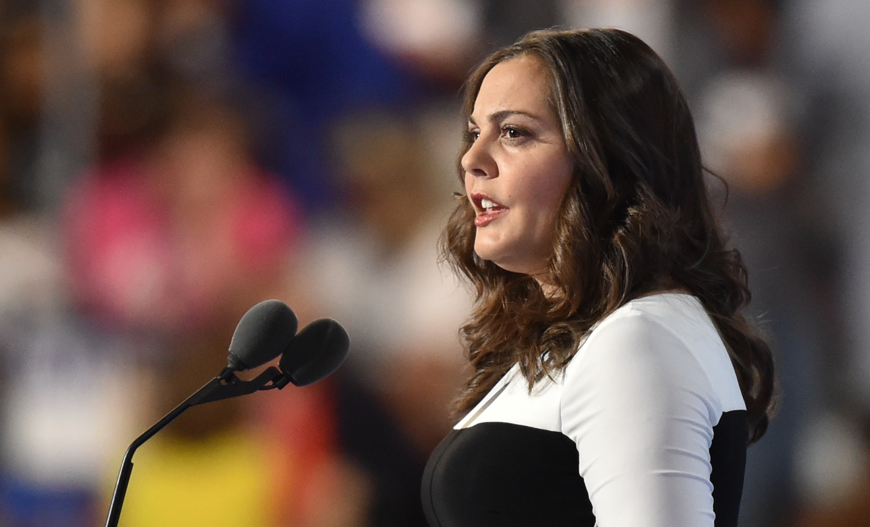 Erica Lafferty, whose mother Dawn was principal of Sandy Hook Elementary and killed while trying to protect her students, addresses the third evening session of the Democratic National Convention at the Wells Fargo Center in Philadelphia, Pennsylvania, July 27, 2016. (NICHOLAS KAMM—AFP/Getty Images)