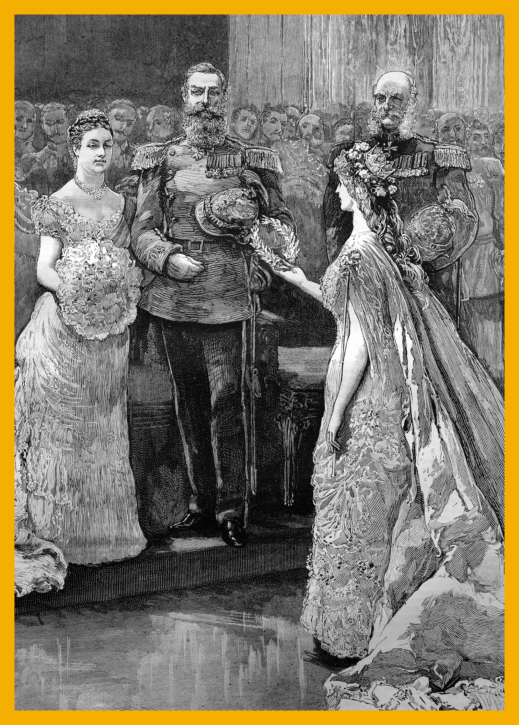The silver wedding of the imperial prince and princess of Germany, the koenigin minne" or "queen of love" presenting a silver wreath to the imperial princess, historical illustration, 1884. (Bildagentur-online/uig via Getty Images)