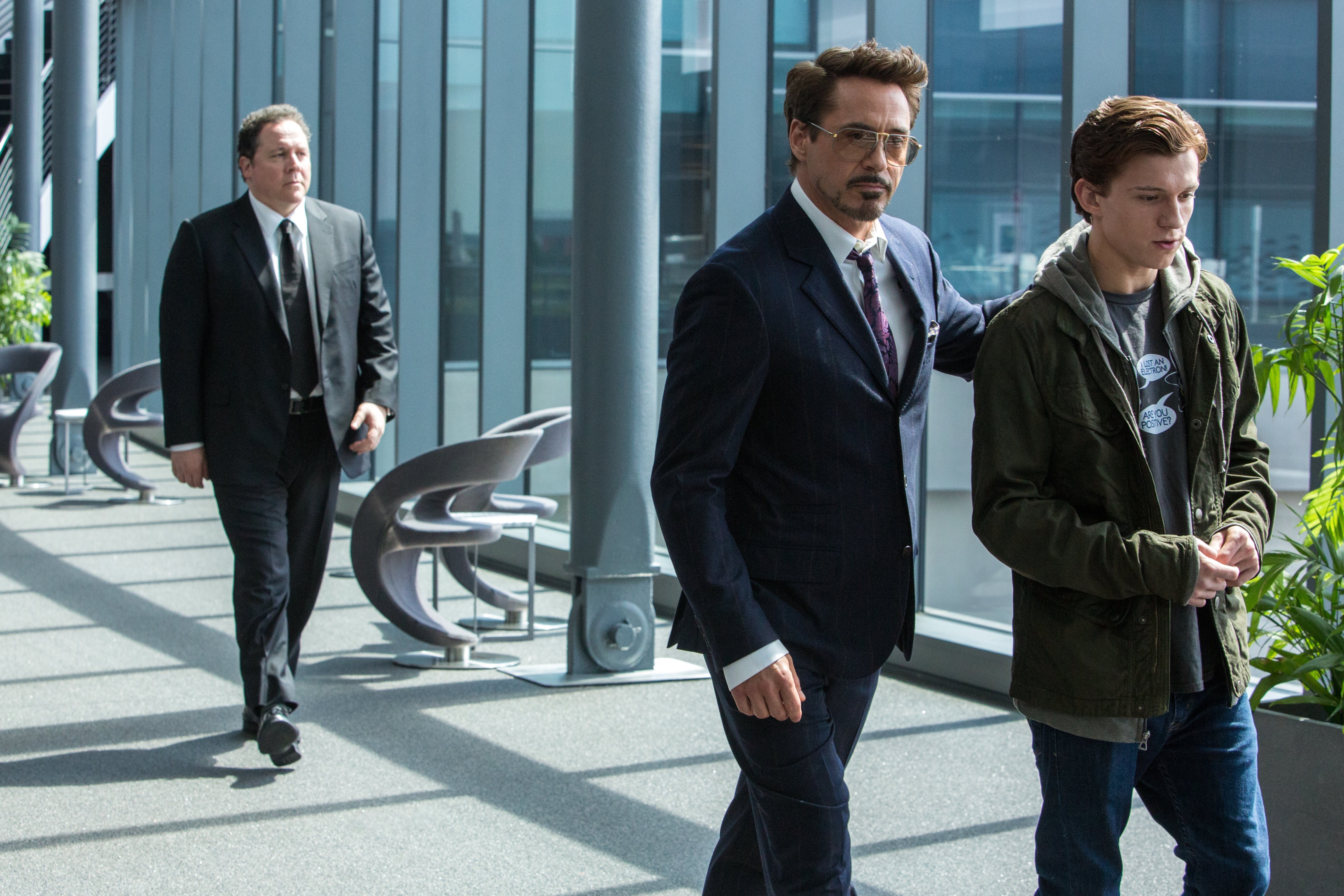 (l to r) Jon Favreau, Robert Downey Jr. and Tom Holland in <i>Spider-Man: Homecoming</i> (Chuck Zlotnick—Sony Pictures Entertainment)