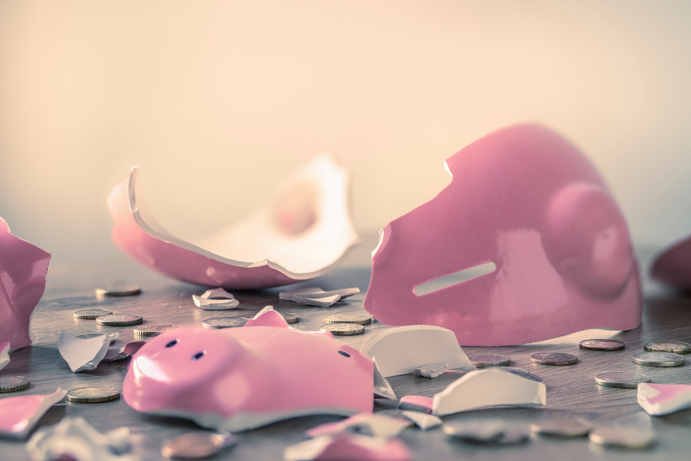 Broken piggy bank and coins