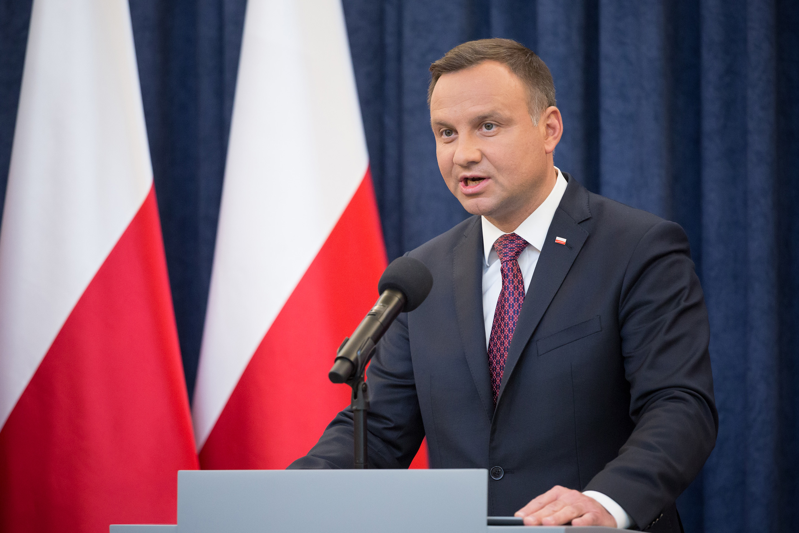 President of Poland, Andrzej Duda, makes a statement about changes in the judicial law and Supreme Court at Presidential Palace in Warsaw, Poland on July 18, 2017. (Mateusz Wlodarczyk—NurPhoto/Getty Images)