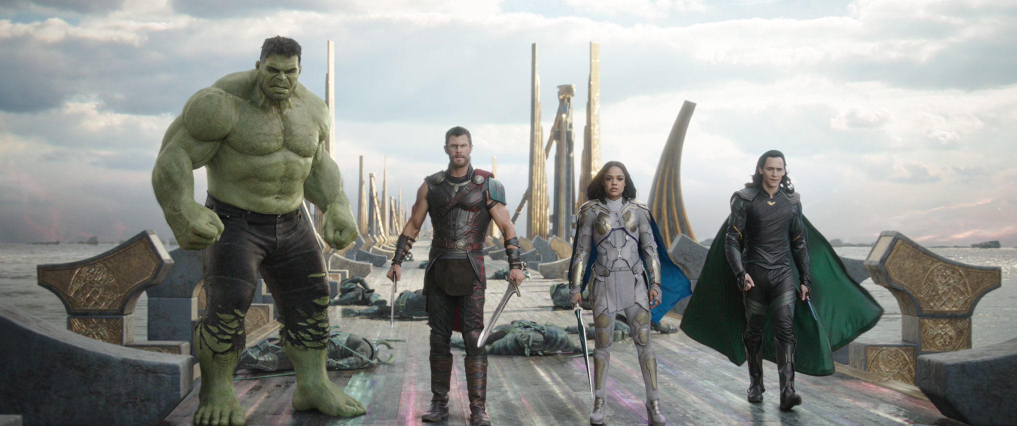 THOR: RAGNAROK..L to R: Hulk (Mark Ruffalo), Thor (Chris Hemsworth), Valkyrie (Tessa Thompson) and Loki (Tom Hiddleston) (Marvel)