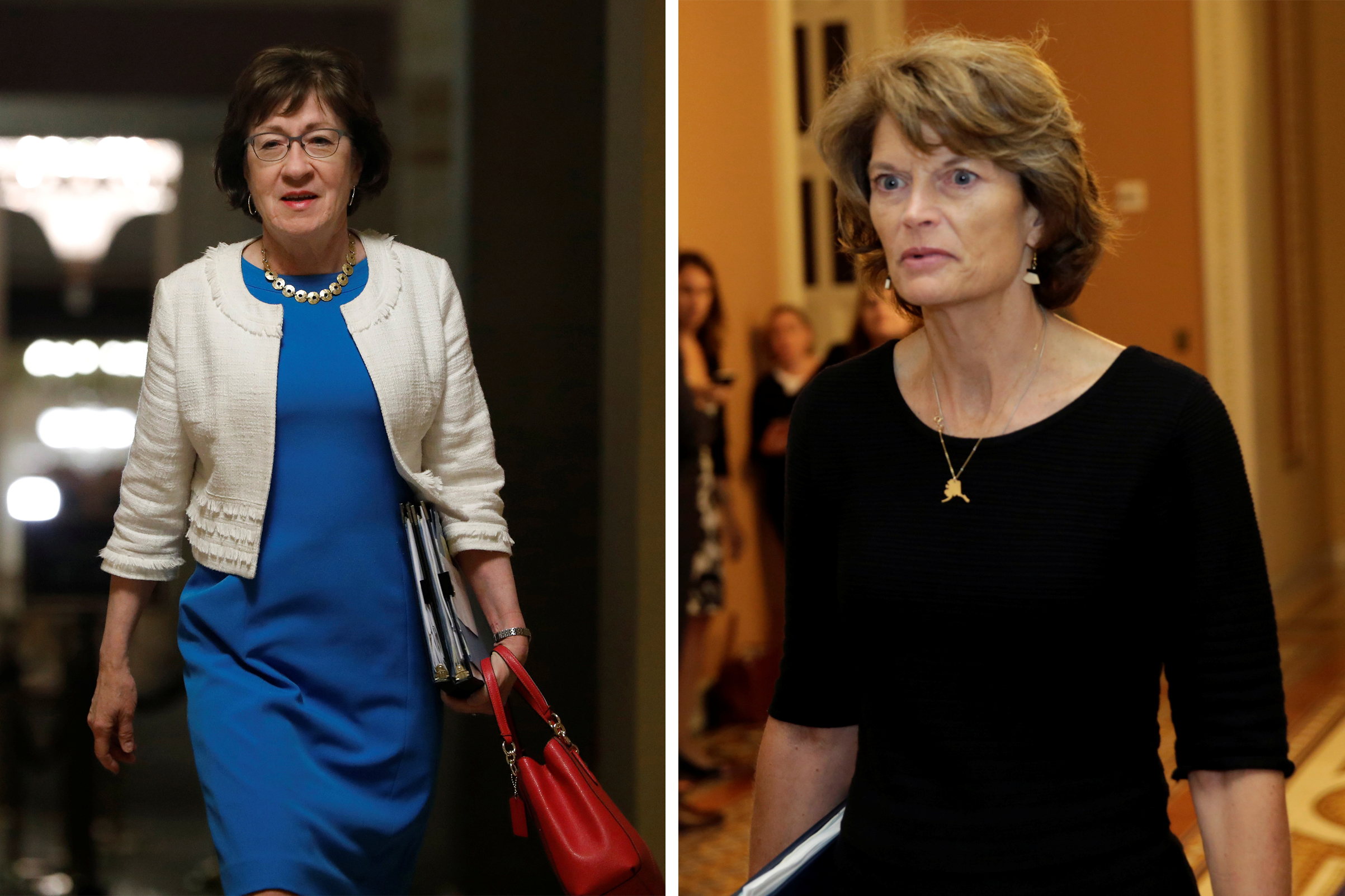 Senator Susan Collins (R-ME) and Senator Lisa Murkowski (R-AK) walk to the Senate floor to vote on the health care bill on Capitol Hill on July 27, 2017. (Collins: Aaron P. Bernstein—Reuters; Murkowski: Yuri Gripas—Reuters)