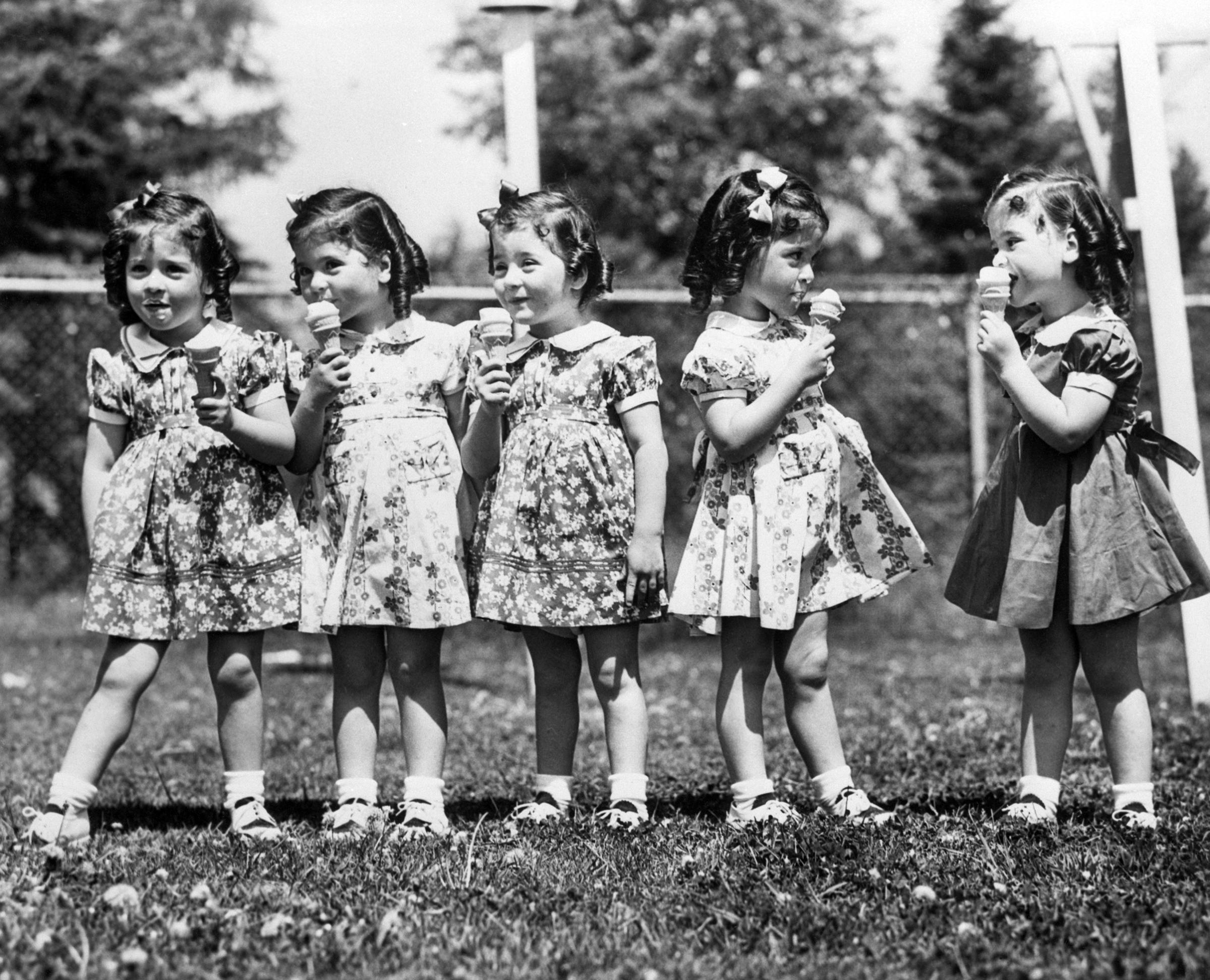 The Dionne quintuplets on their 4th birthday in Callender, Ontario, May 28, 1938. Left to right: Emilie, Annette, Marie, Cecile and Yvonne.
