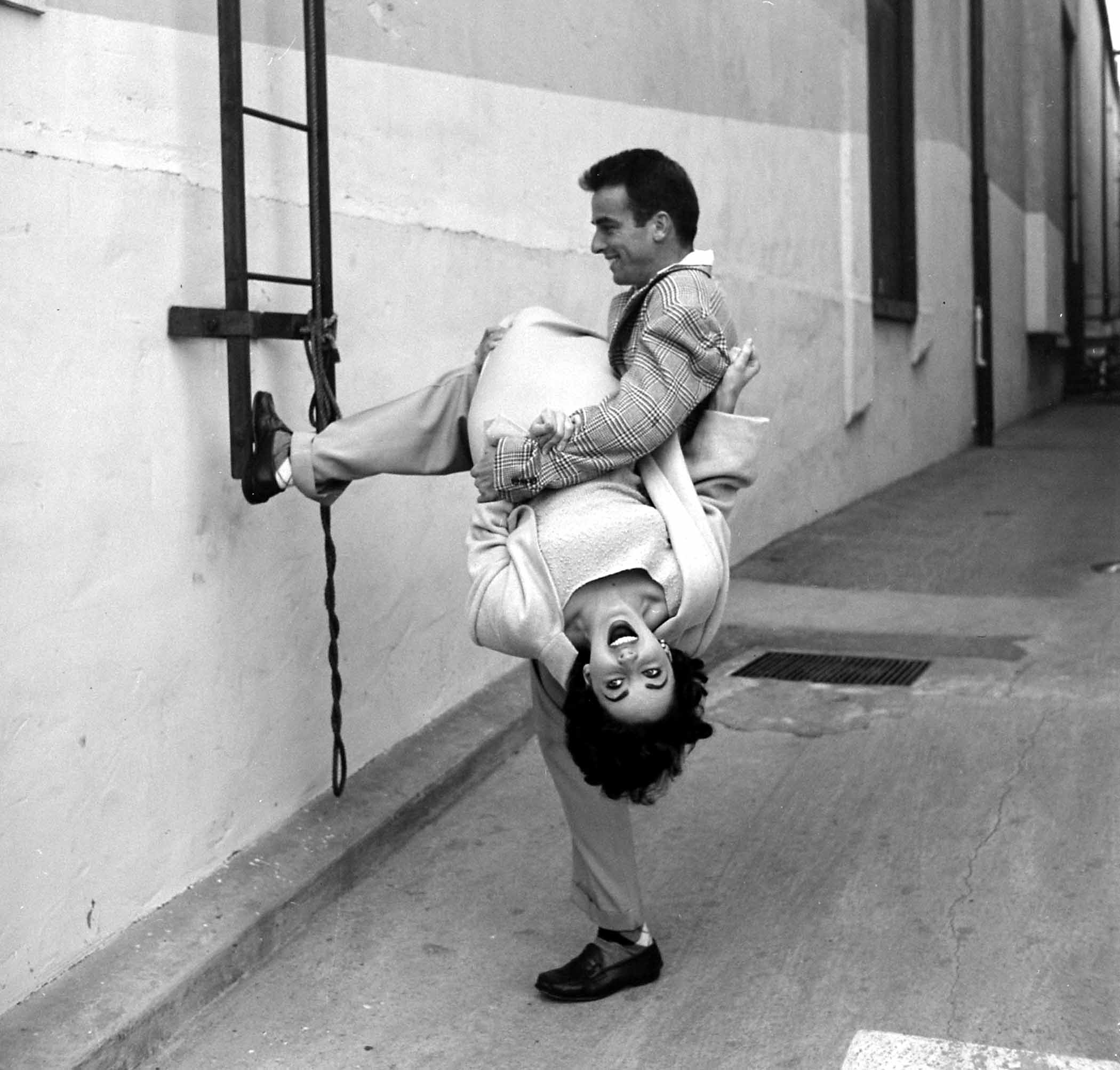 Good friends Elizabeth Taylor and Montgomery Clift having fun on a studio lot, 1950.
