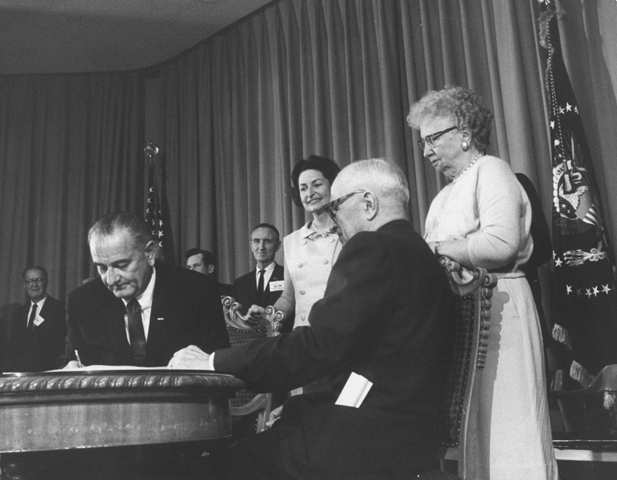 Harry And Bess Truman And Lyndon And Lady Bird Johnson At Medicare Bill Signing