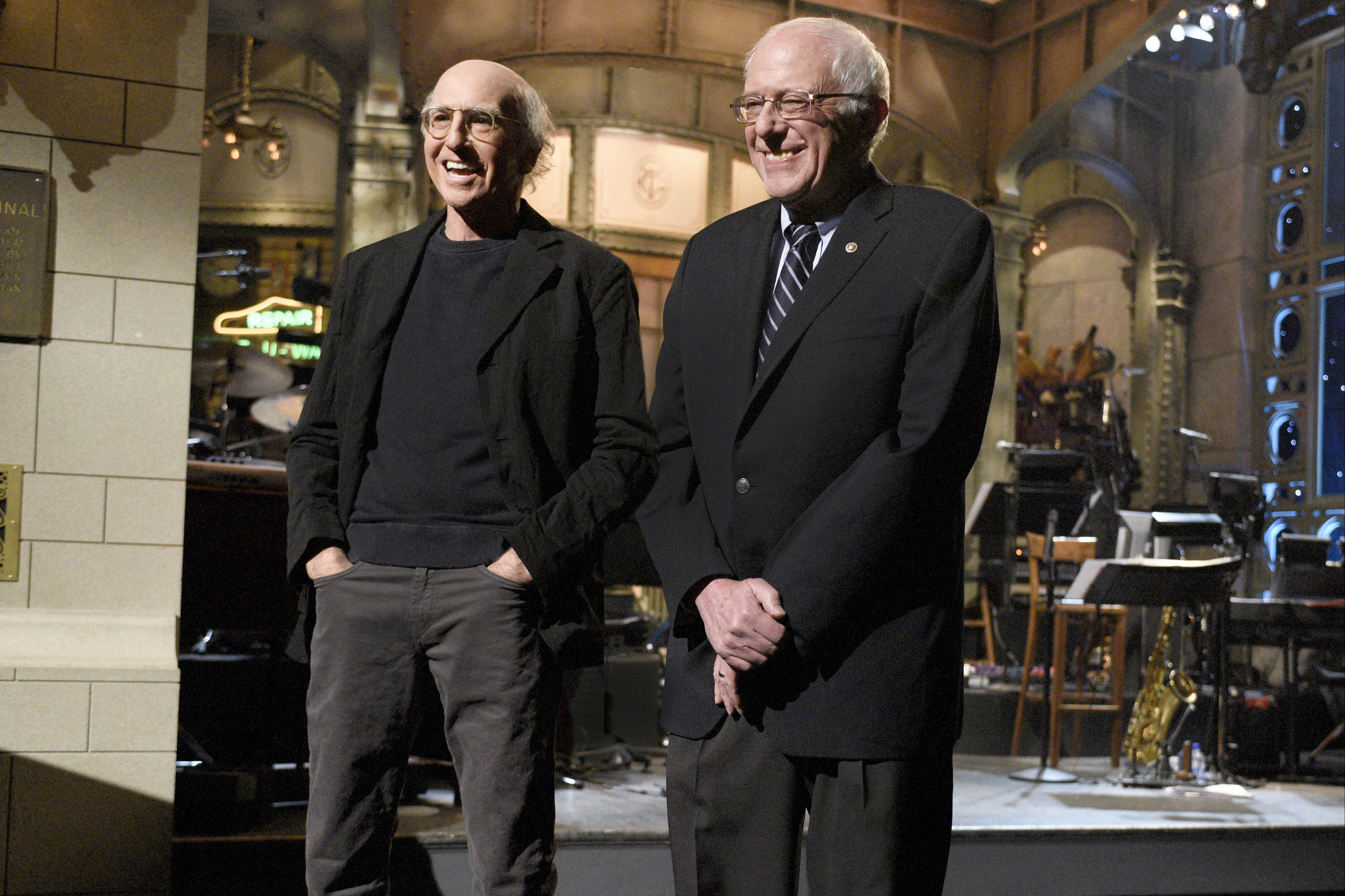 Larry David and Senator Bernie Sanders during the Feb. 6, 2016 episode of 'Saturday Night Live.' (Dana Edelson—NBCU Photo Bank/Getty Images)