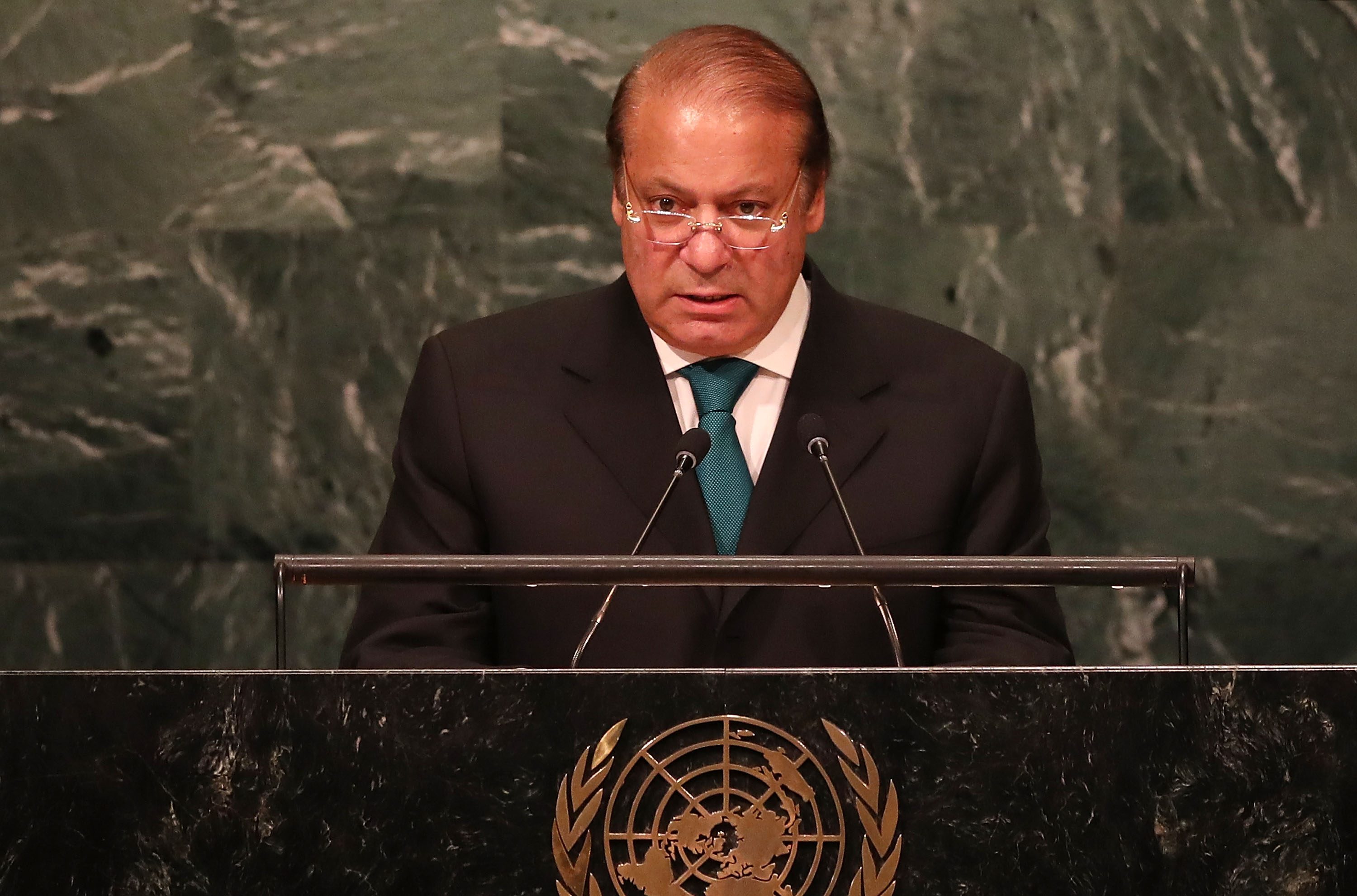 Pakistan's Prime Minister Nawaz Sharif addresses the General Assembly at the United Nations on September 21, 2016 in New York City. (Spencer Platt—Getty Images)