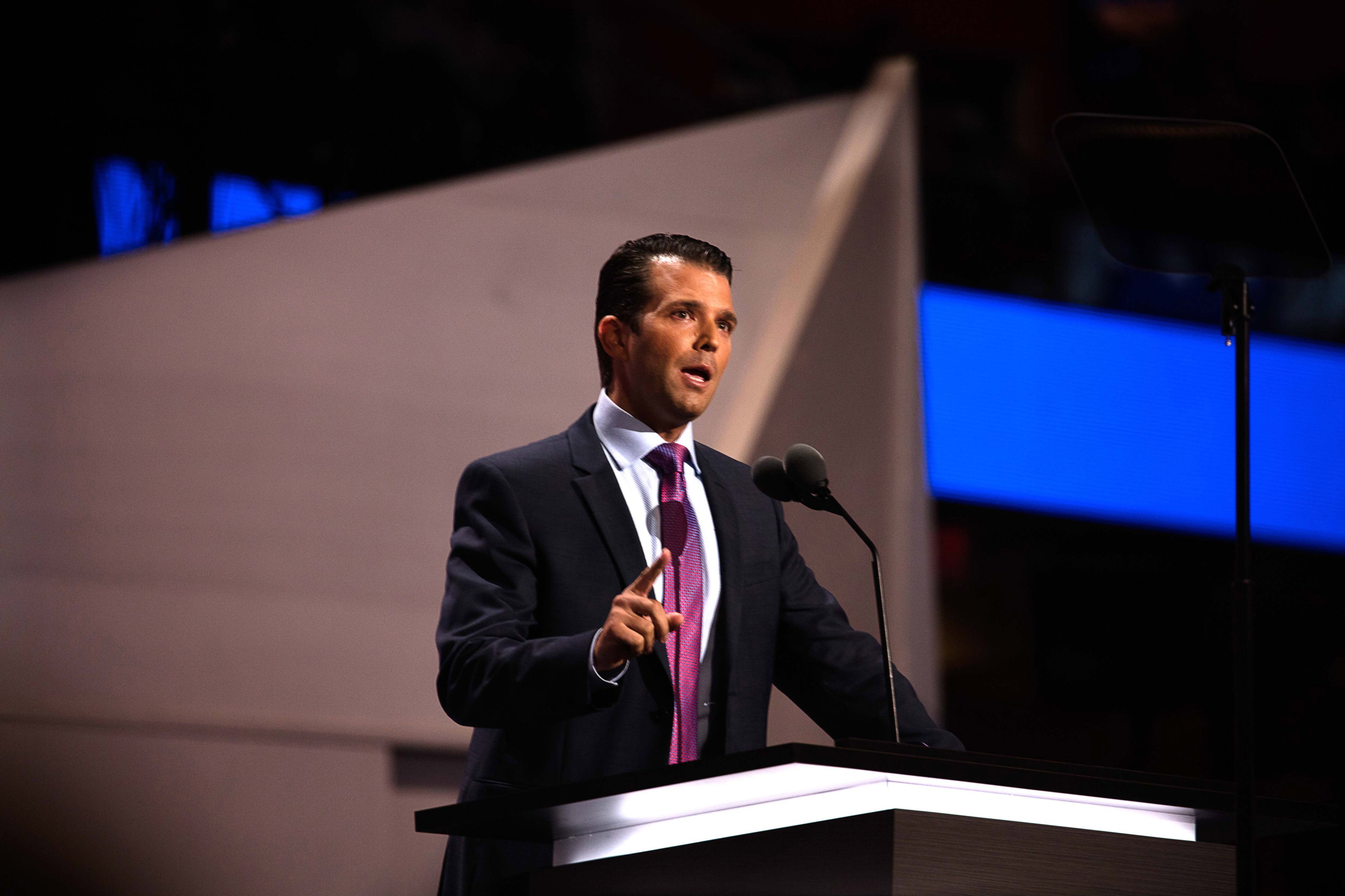 View of Donald Trump Jr, one of candidate Trump's sons, as he speaks from the podium during the Republican National Convention at Quicken Loans Arena, Cleveland, Ohio, July 19, 2016. (David Hume Kennerly&mdash;Getty Images)