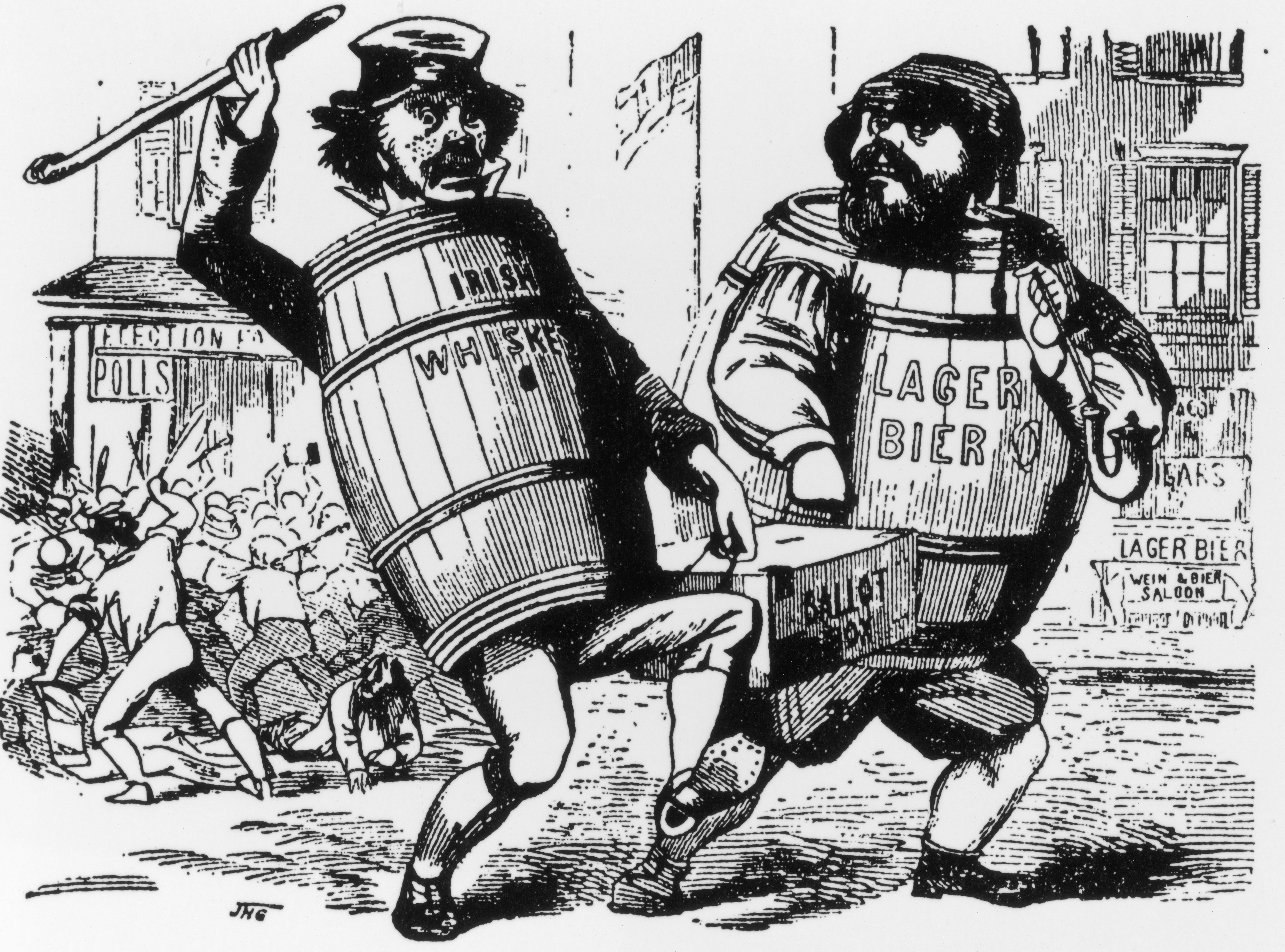 Cartoon charging Irish and German immigrants with stealing elections, showing a keg of Irish whiskey and a barrel of German beer running off with the ballot box, circa 1840s. (Fotosearch_Getty Images)