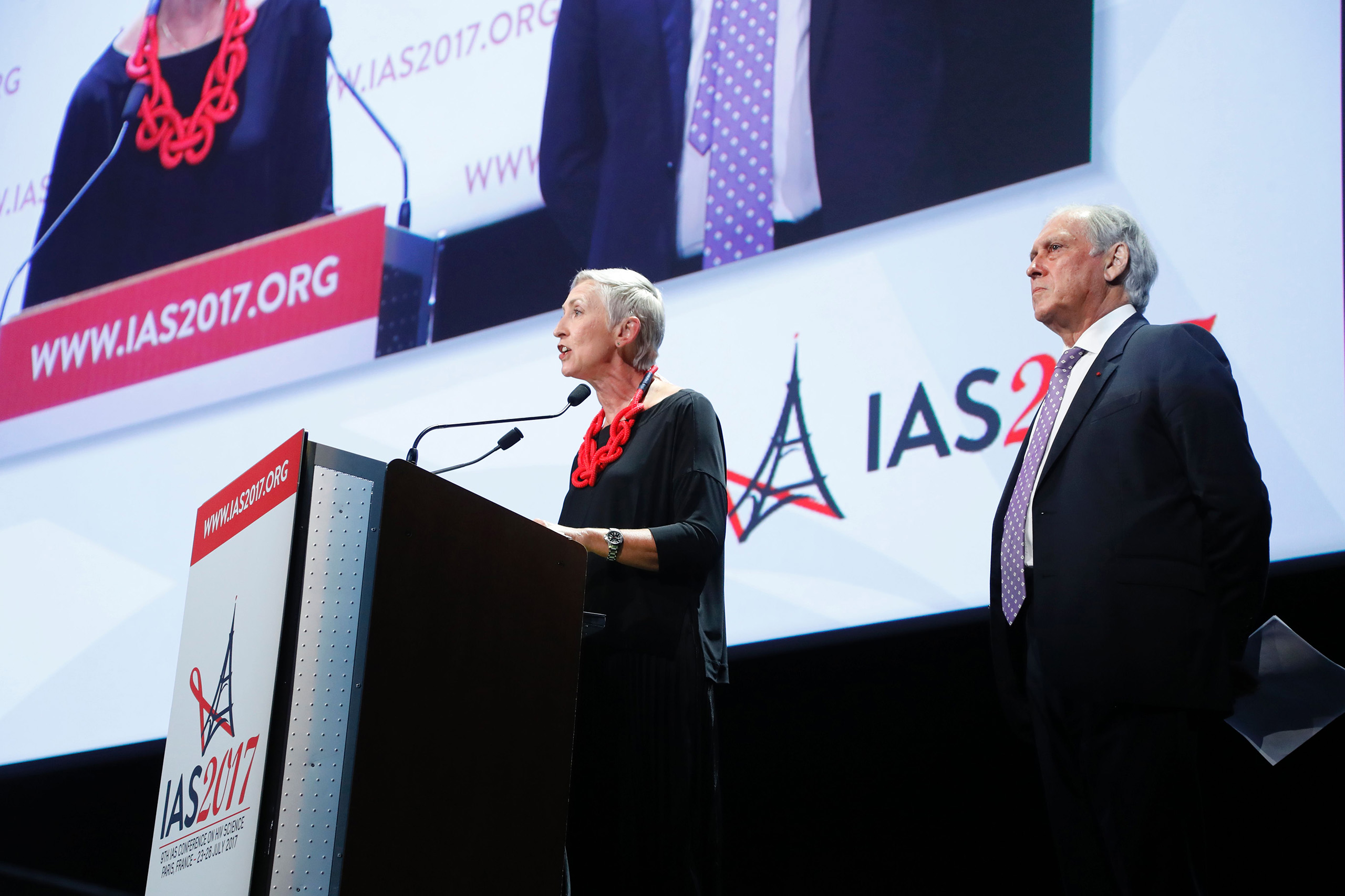 International AIDS Society president Linda-Gail Bekker and President of the French National Ethics Advisory Committee  and conference chairman Jean-Francois Delfraissy  attend the opening of the 9th International AIDS Society conference on HIV Science on July 23, 2017, in Paris. (Francois Guillot—AFP/Getty Images)