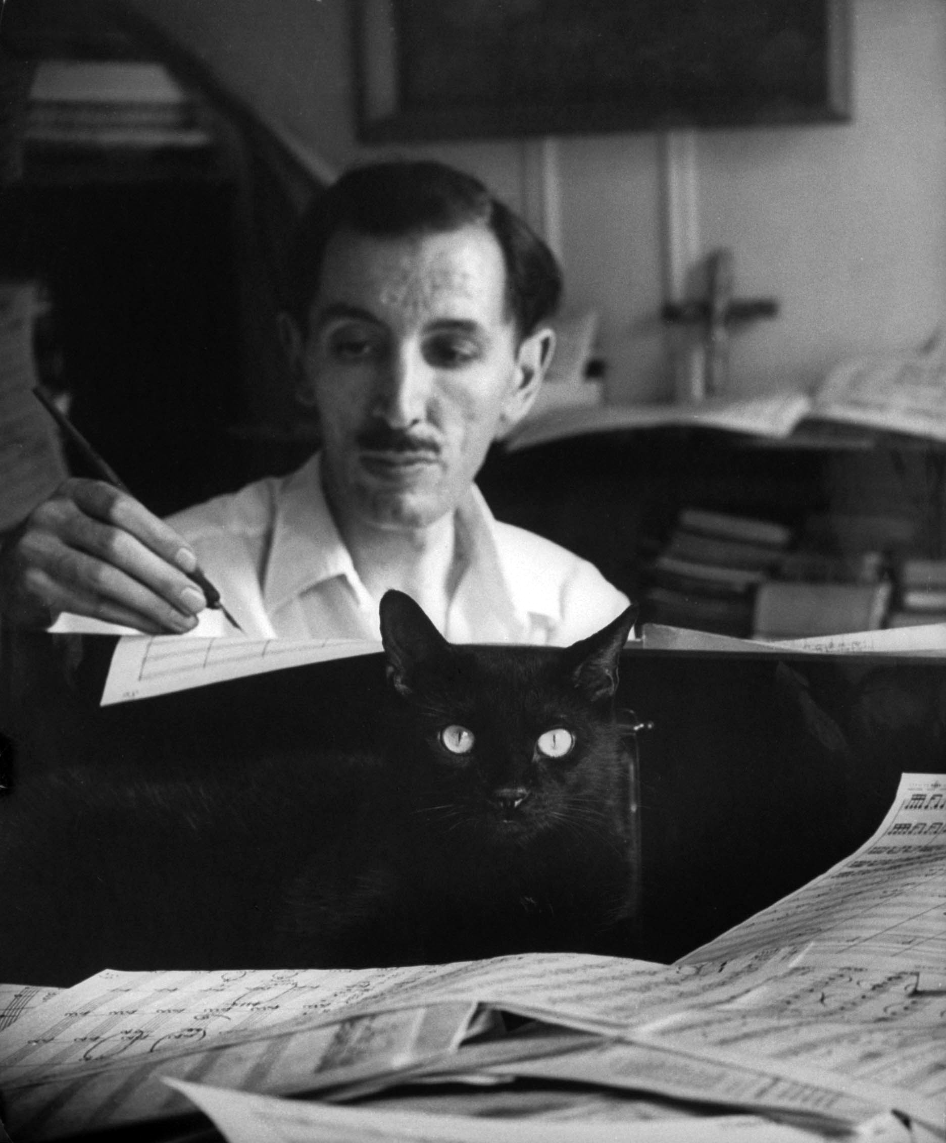 Composer Alan Hovhaness, working in score littered studio with a black cat nestling amongst the papers on the piano, 1955.