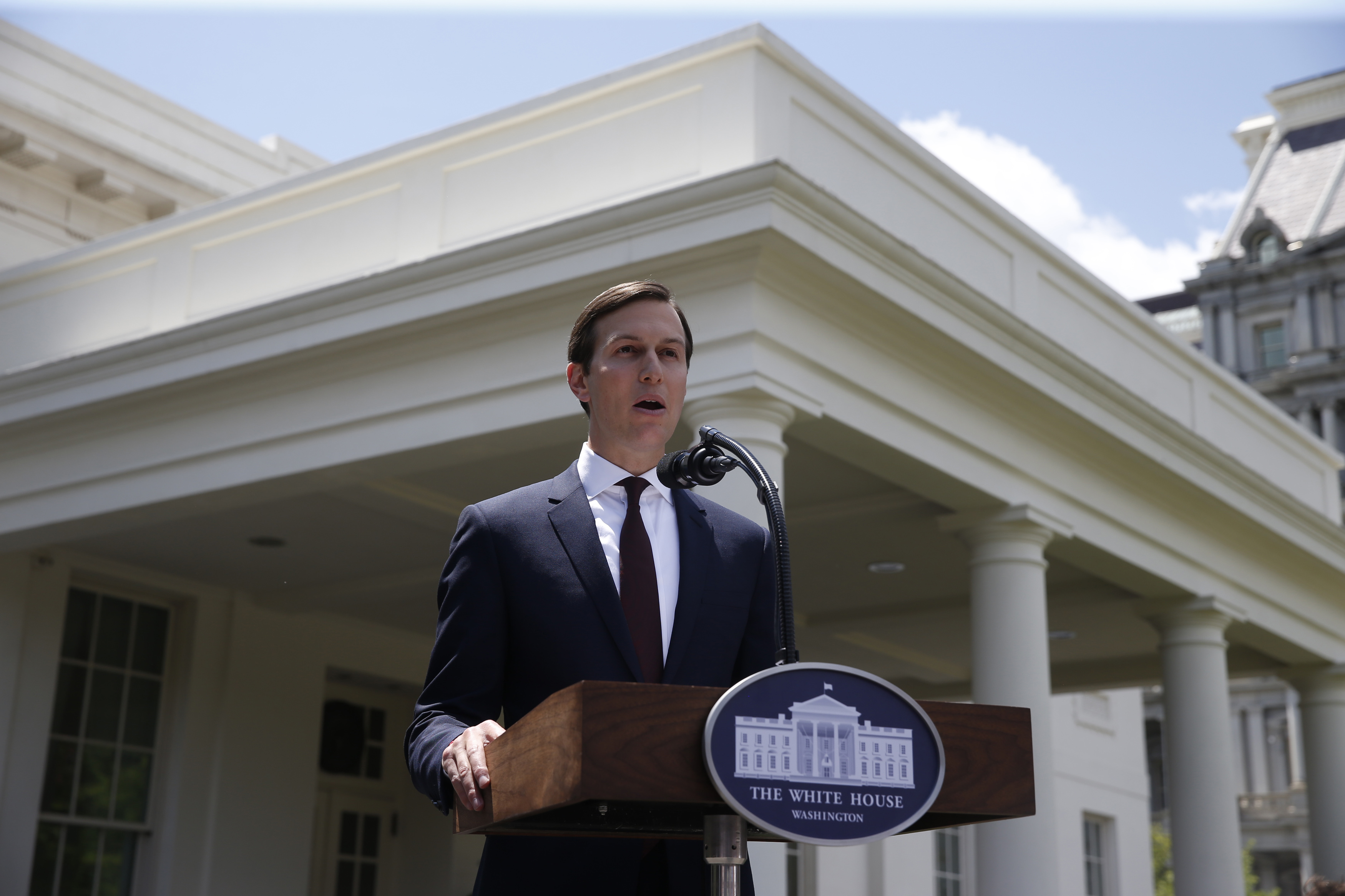 White House Senior Adviser Kushner speaks to members of White House press in Washington