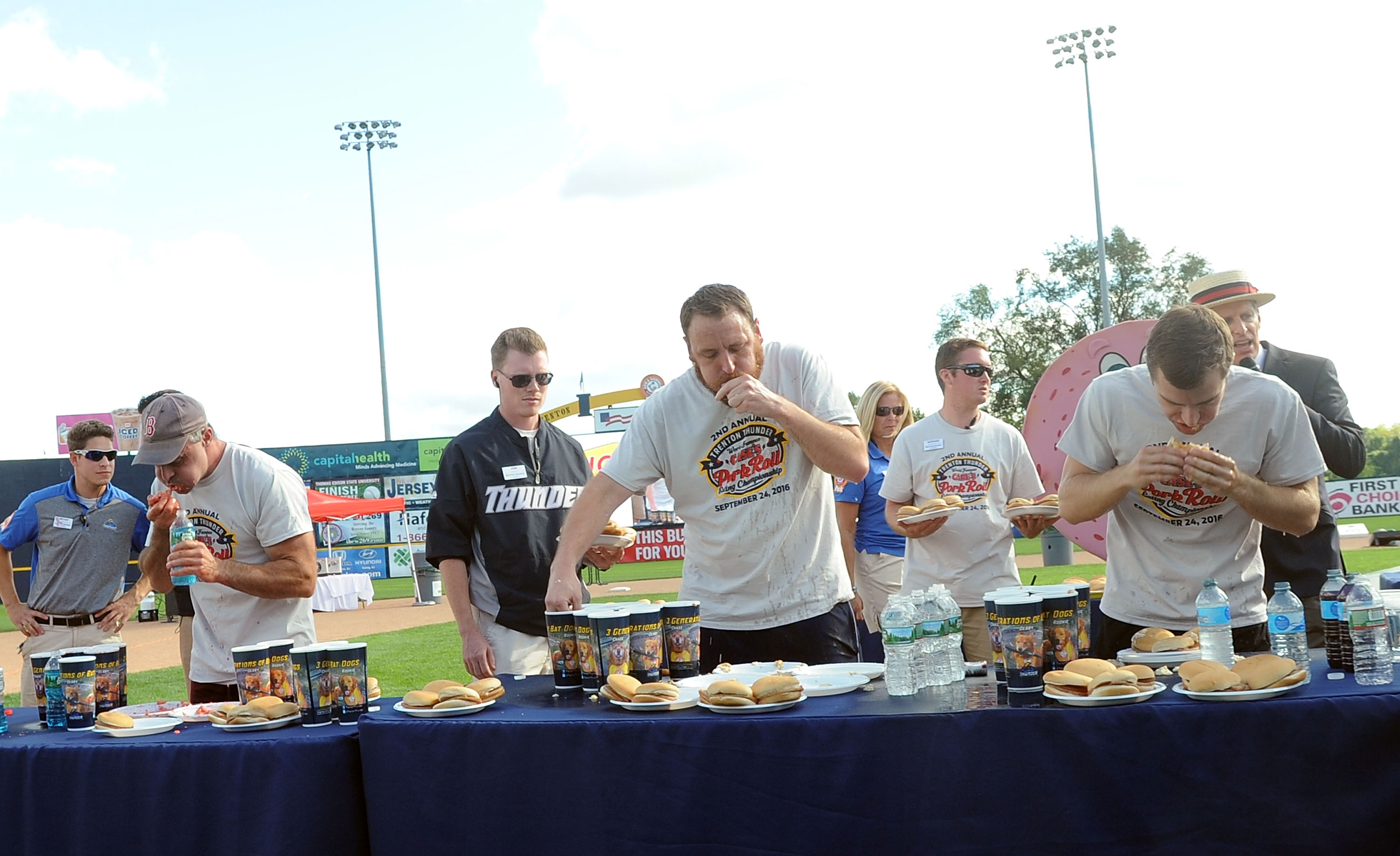 Joey Chestnut and Carmen Cincotti at the 2016 Trenton Thunder World Famous Case's Pork Roll Eating Championship at Arm &amp; Hammer Park on Sept. 24, 2016 in Trenton, New Jersey. (Bobby Bank—Getty Images)