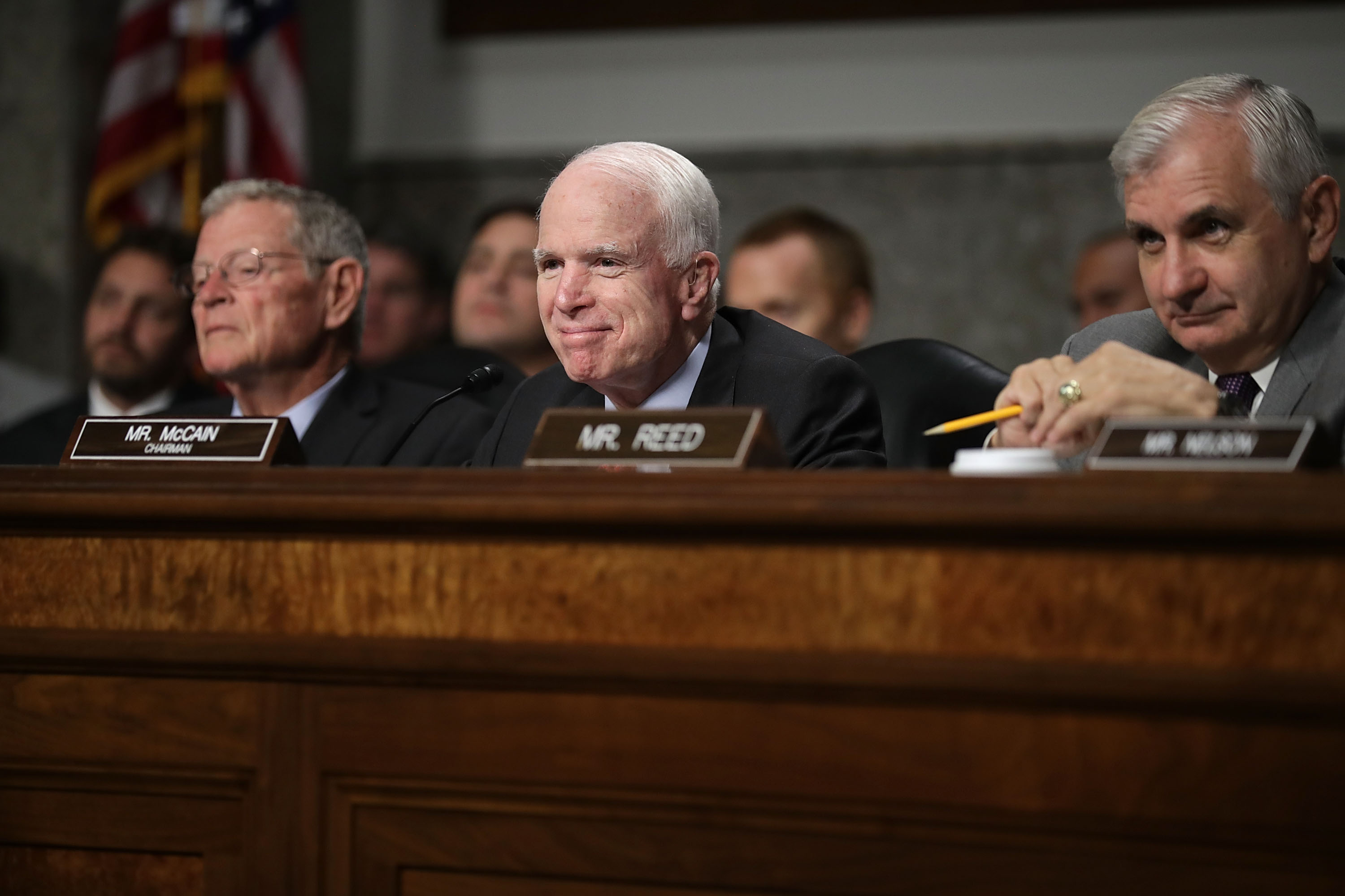 Senate Armed Services Committee members (L-R) Sen. James Inhofe (R-OK), Chairman John McCain (R-AZ) and ranking member Sen. Jack Reed (R-RI) listen to testimony during the confirmation hearing for Richard Spencer in the Dirksen Senate Office Building on Capitol Hill July 11, 2017 in Washington, DC. Spencer was nominated by President Donald Trump to be the 76th secretary of the U.S. Navy. (Chip Somodevilla&mdash;Getty Images)