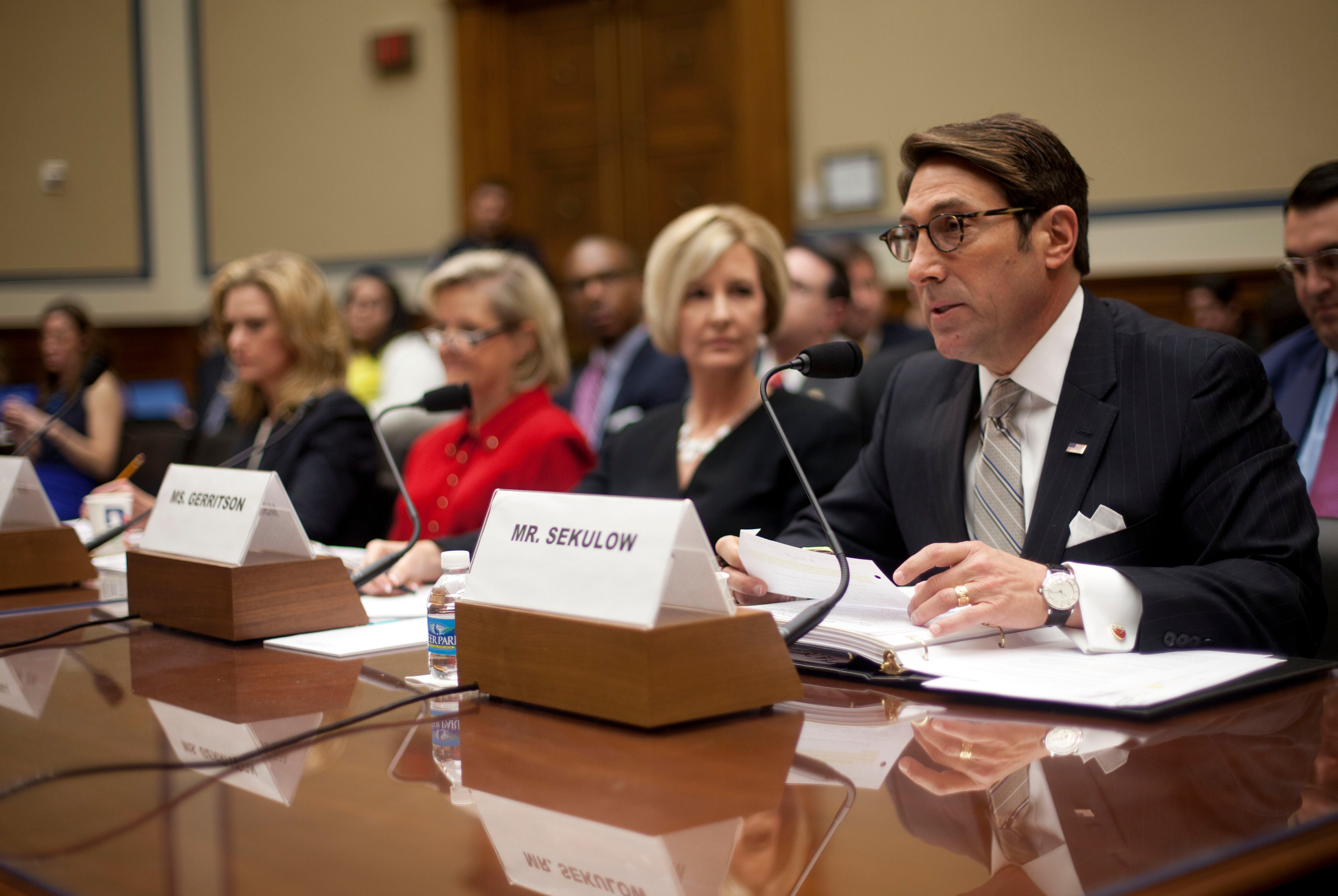 Jay Sekulow, far right, Chief Counsel American Center for Law and Justice, testifies at the House subcommittee on Economic Growth subcommittee's hearing on Capitol Hill in Washington, Feb. 6, 2014, to investigate the Justice Department's investigation into the IRS abuse scandal. (Pablo Martinez Monsivais—AP)