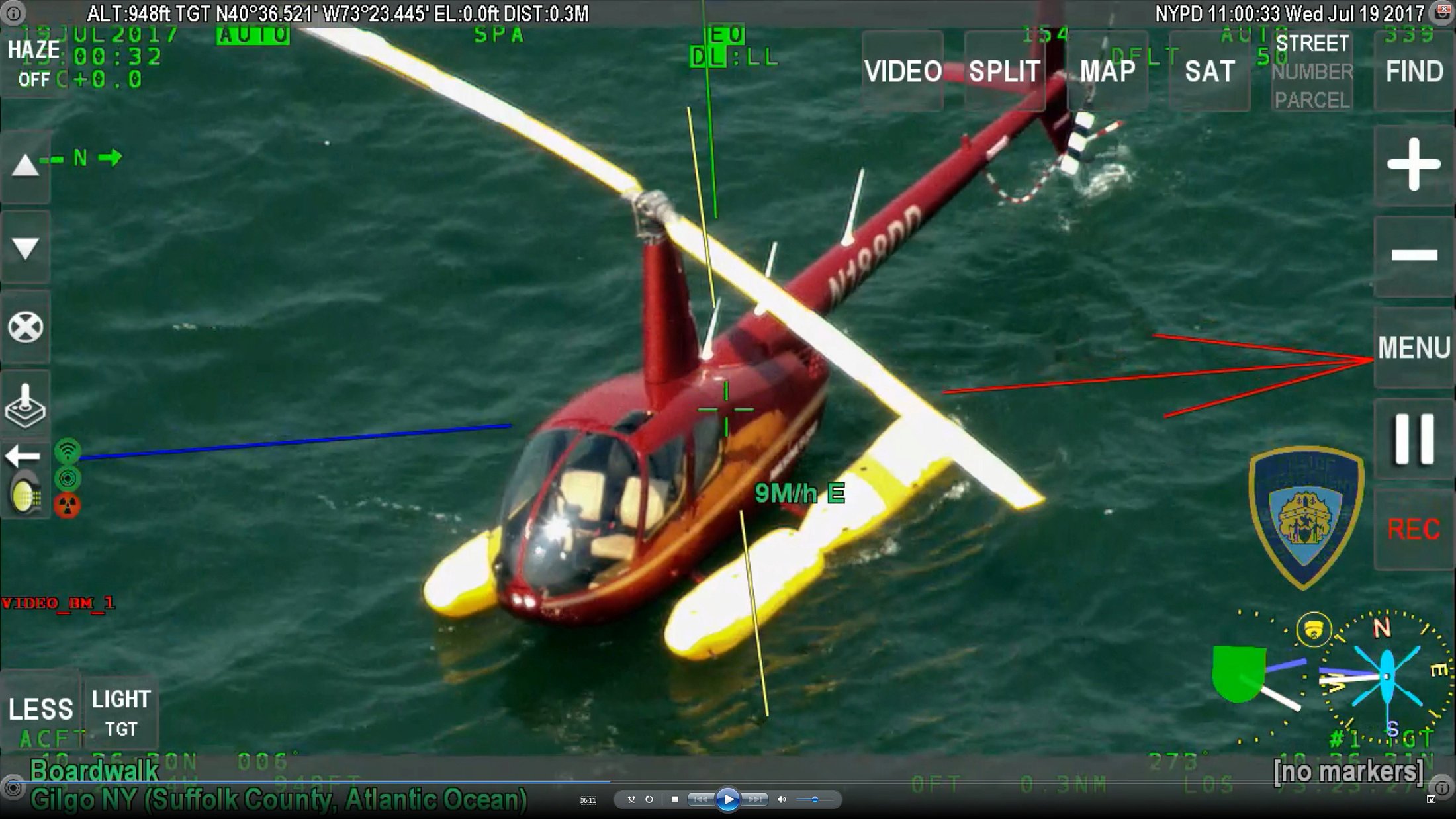 A helicopter which had been carrying Shane McMahon is seen in a still from NYPD video after it landed on water off Long Island