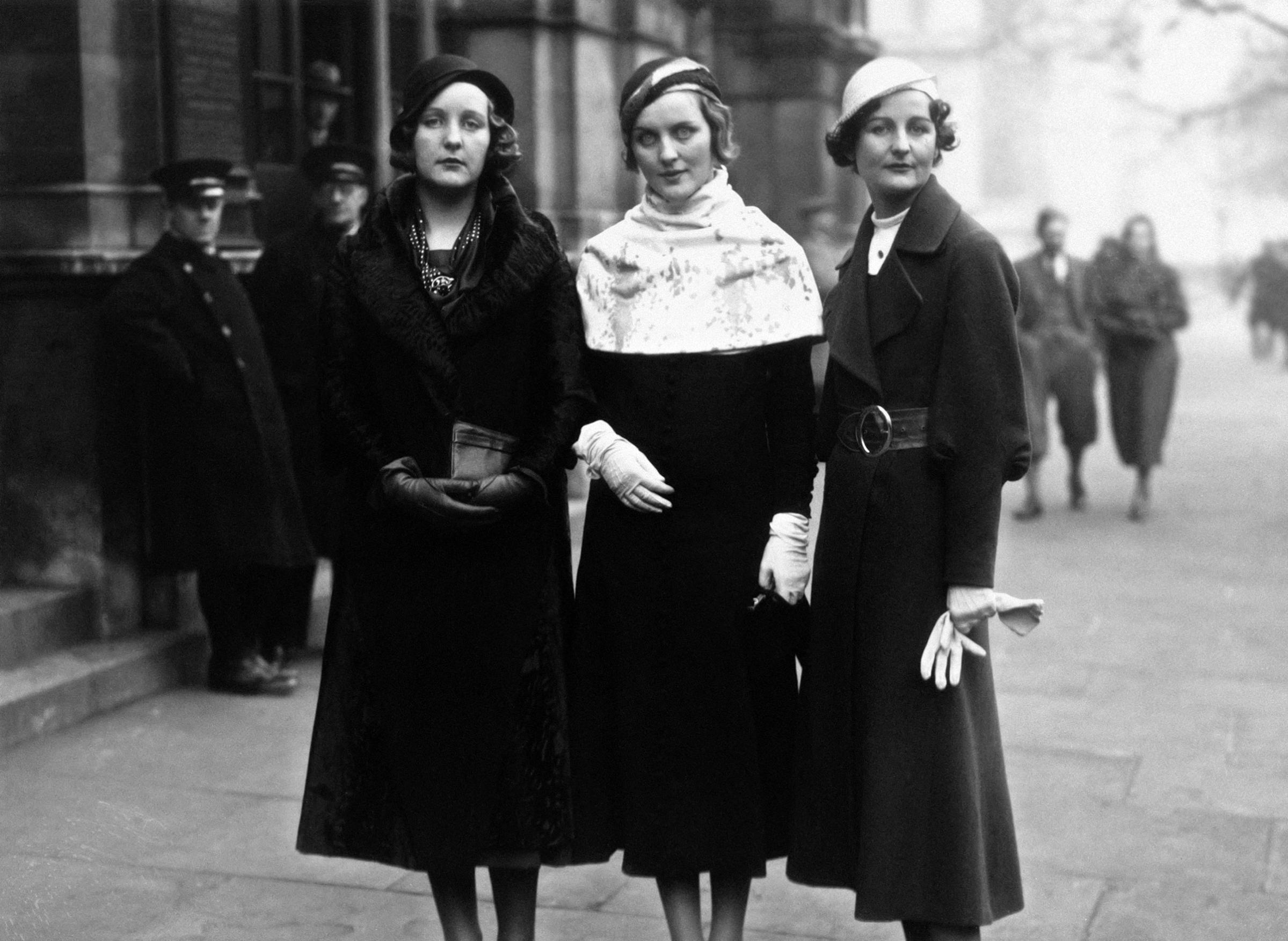 Three of the Mitford sisters at Lord Stanley of Aldernay's wedding. (L-R) Unity Mitford, Diana Mitford and writer Nancy Mitford. Circa 1932.