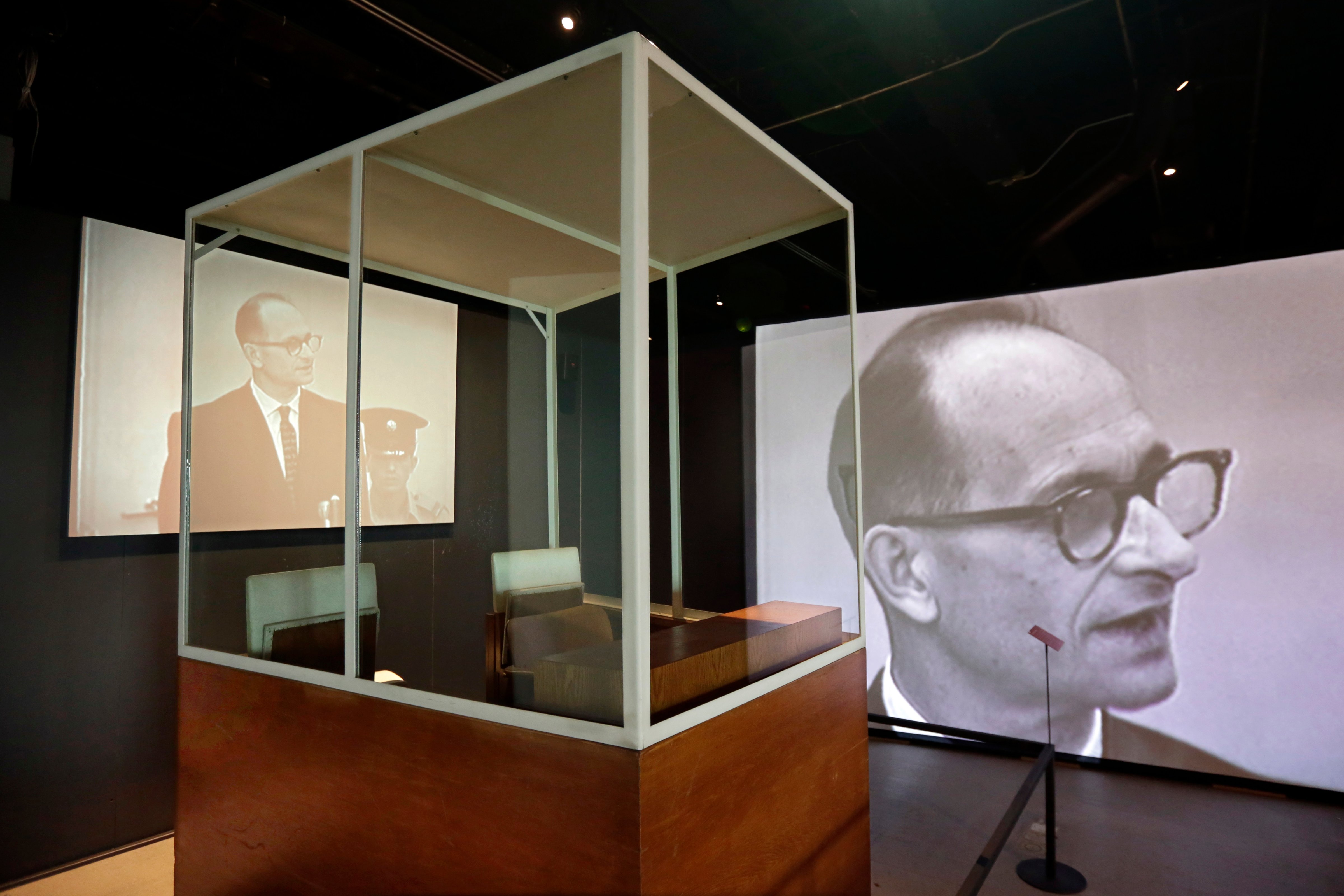 The bulletproof glass booth in which Adolf Eichmann testified during his trial in Jerusalem District Court is displayed in the "Operation Finale: The Capture &amp; Trial of Adolf Eichmann" exhibit at the Museum of Jewish Heritage, in New York, Friday, July 14, 2017. (Richard Drew&mdash;AP)