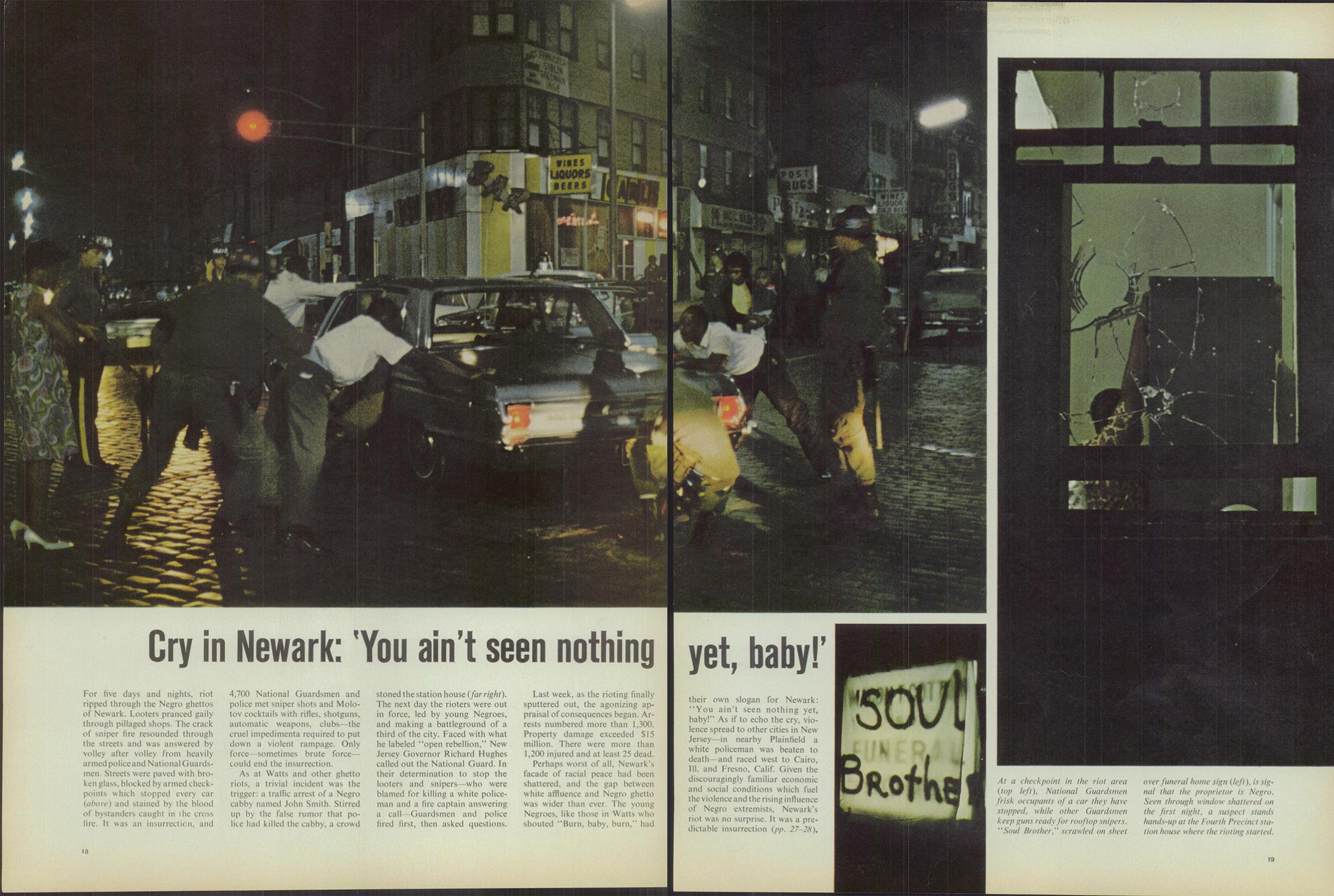 LIFE coverage of the Newark riots from the July 28, 1967 issue. Photos by James Pickerell and Bud Lee.