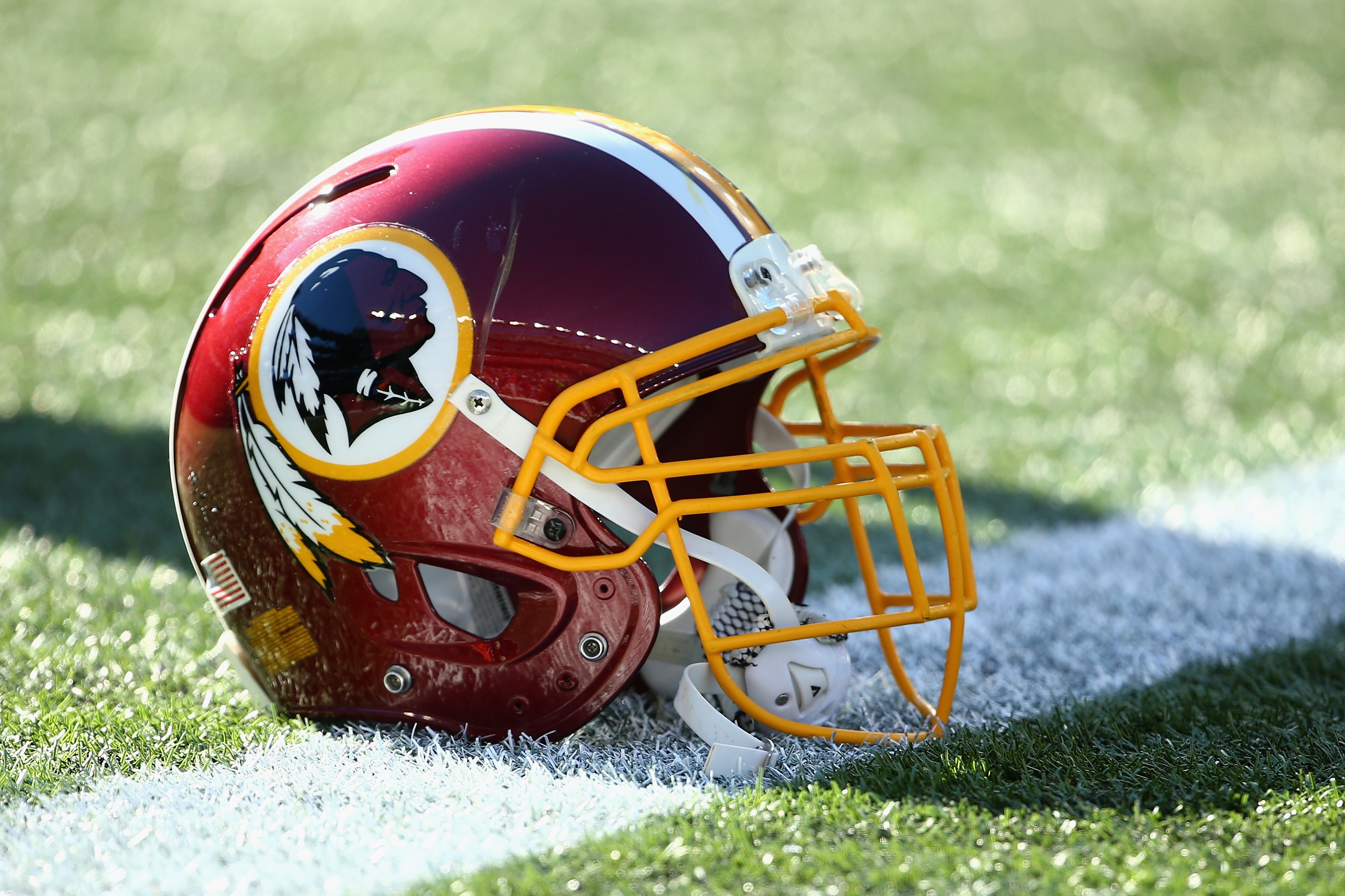 A Washington Redskins helmet before the game against the New England Patriots at Gillette Stadium on November 8, 2015 in Foxboro, Massachusetts. (Maddie Meyer—Getty Images)