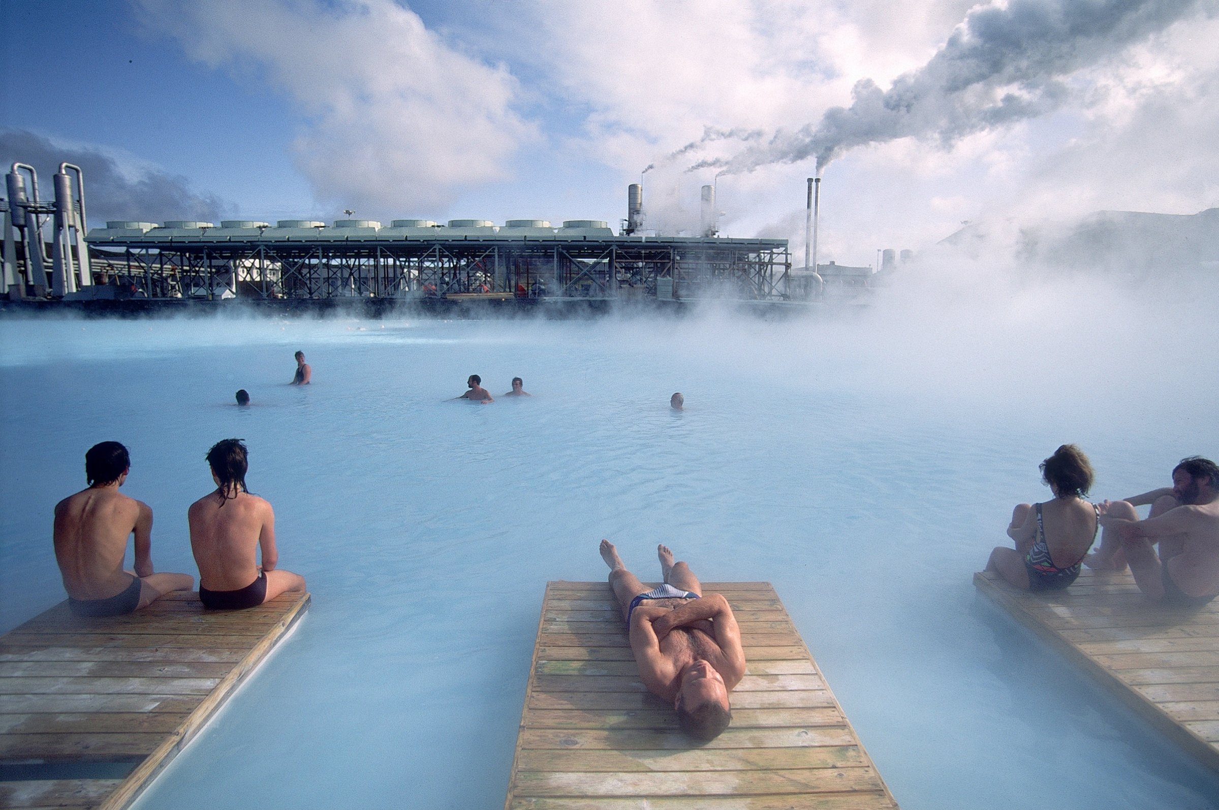 Bathers at the Blue Lagoon thermal bath in Reykjanes, Iceland.