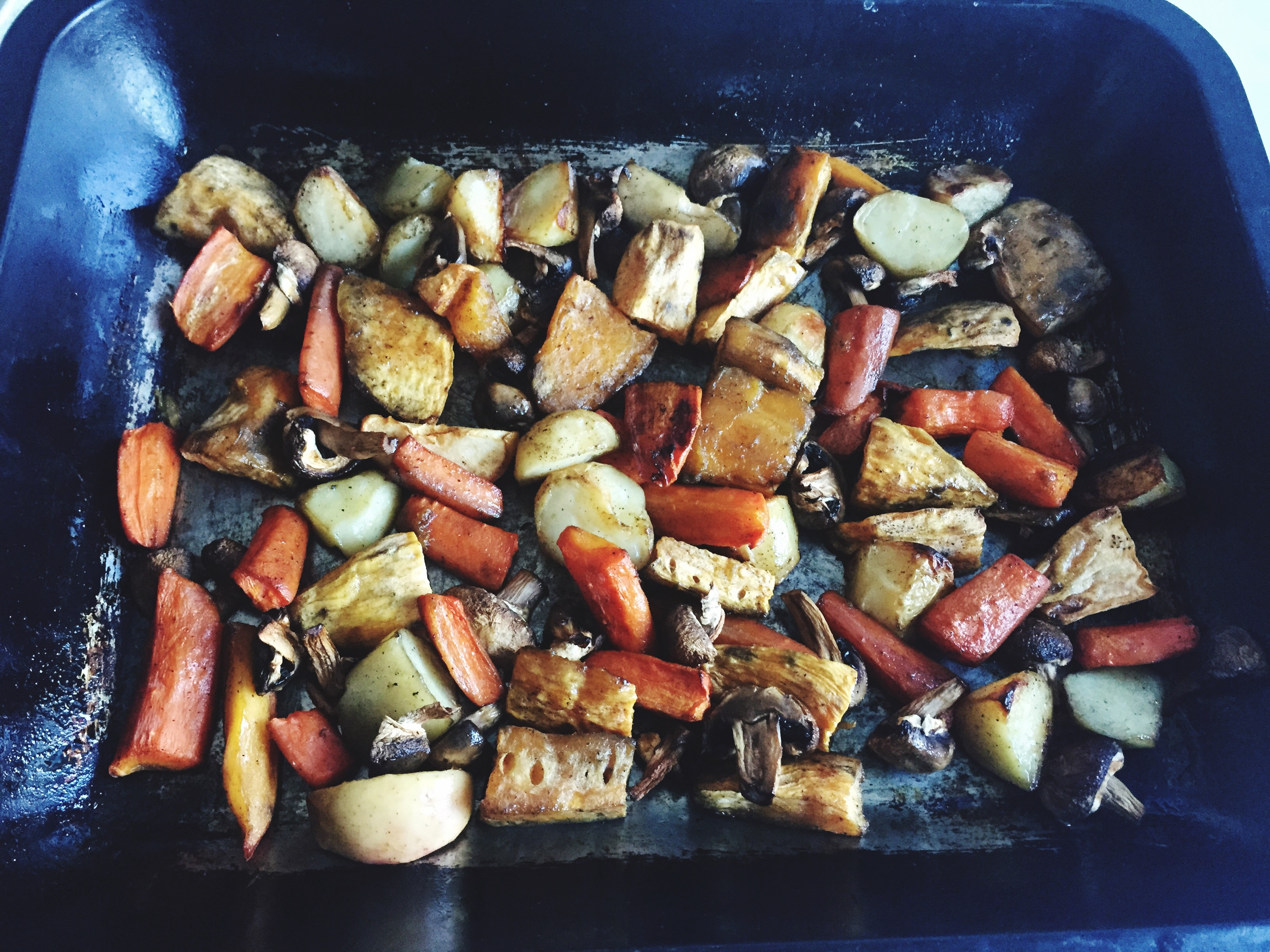 High Angle View Of Roasted Vegetables In Tray